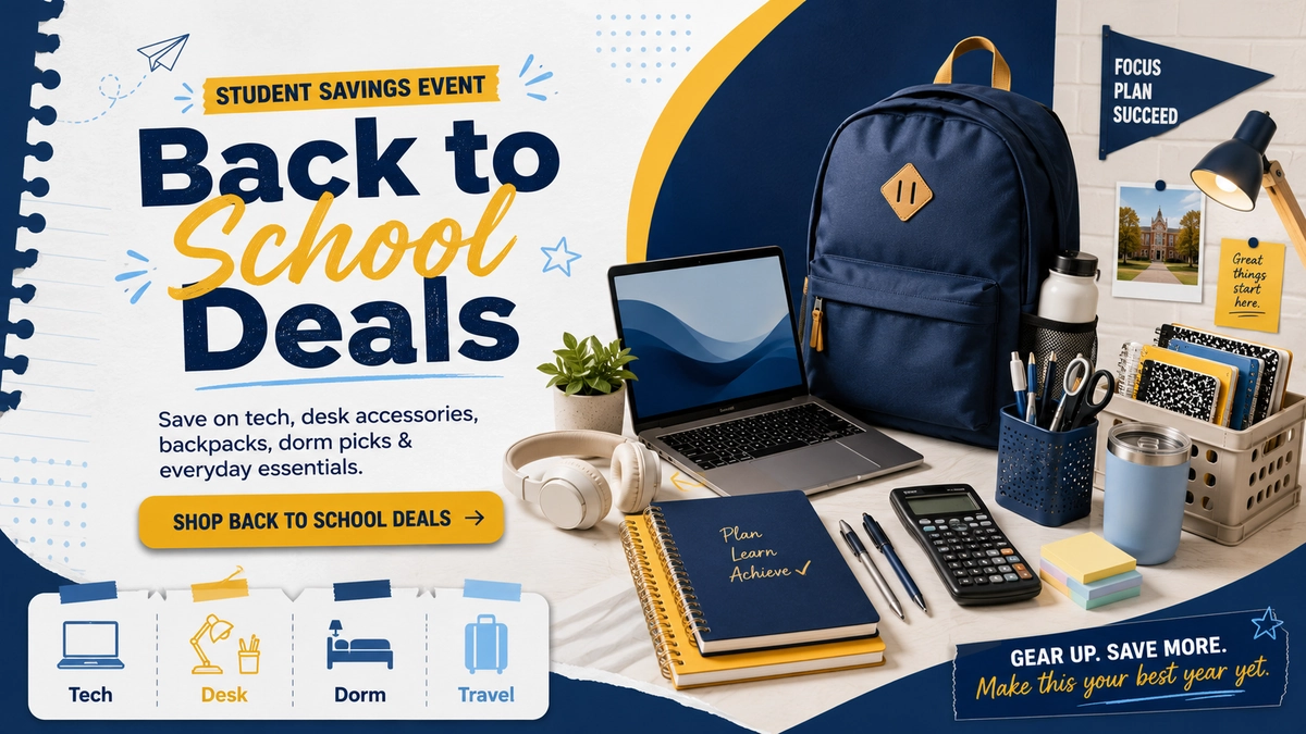 Back to School landing page banner with student savings deals, tech, desk accessories, dorm picks, travel essentials, backpack, laptop, and school supplies.