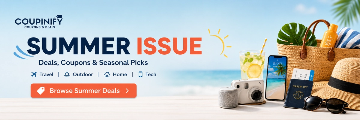 Coupinify Summer Issue banner featuring summer deals, coupons, beach essentials, lemonade, a straw bag, sunglasses, camera, and seasonal savings for all-summer offers.