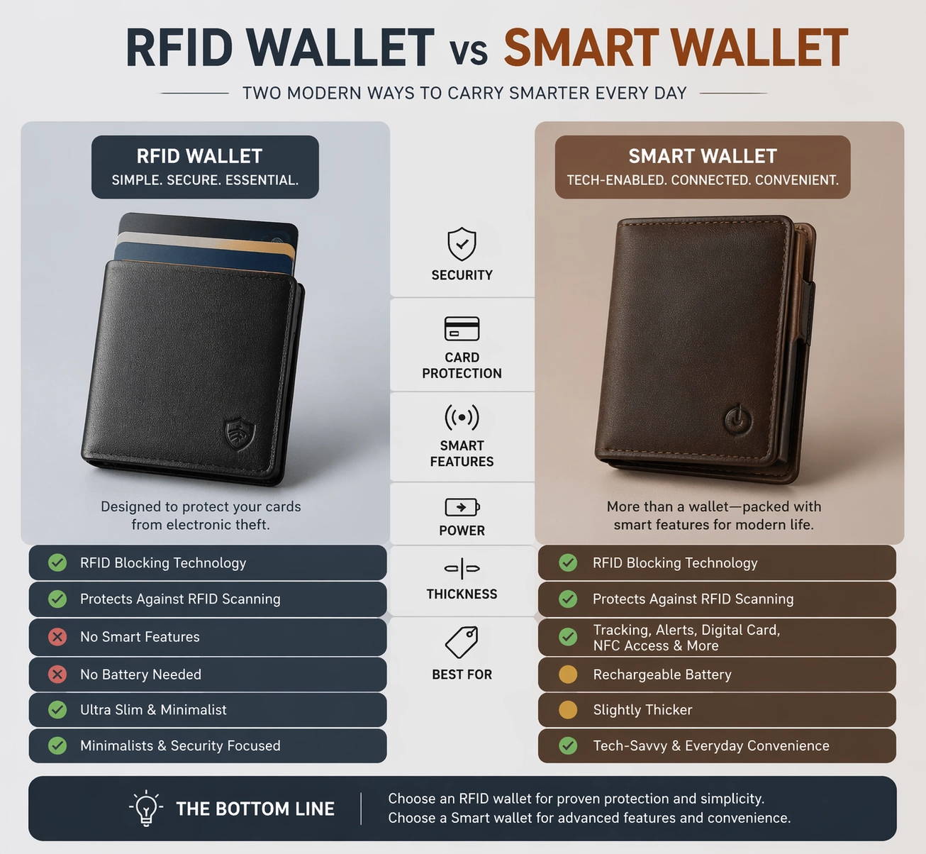 RFID wallet vs smart wallet comparison showing two modern wallet styles for everyday carry