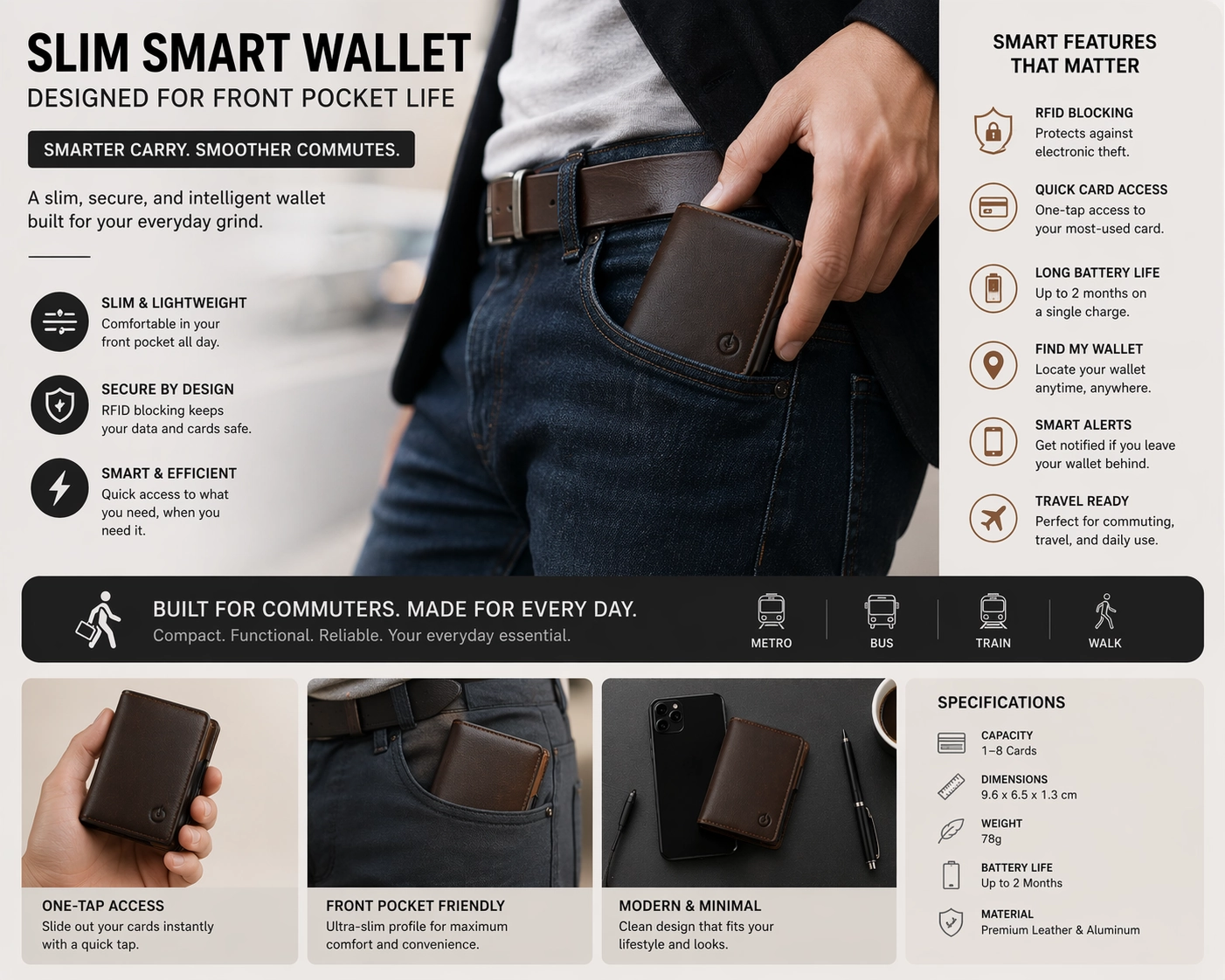 Slim smart wallet used for front pocket everyday carry during commuting
