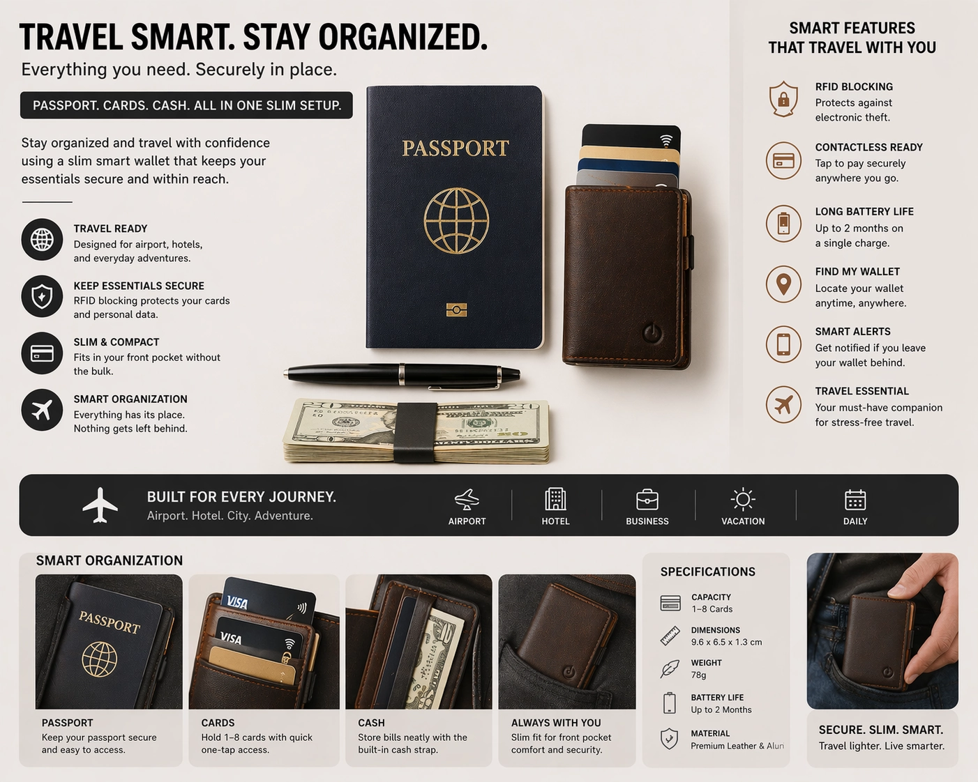 Travel wallet setup with passport, contactless cards, and slim wallet for secure organization