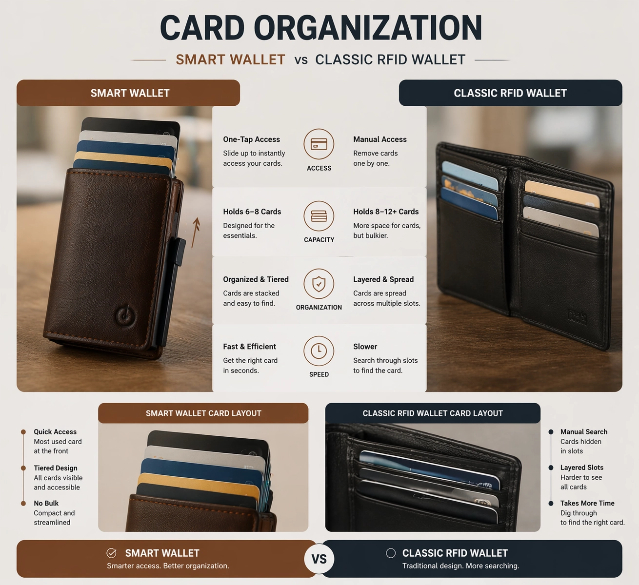 Card organization comparison between a smart wallet and a classic RFID wallet