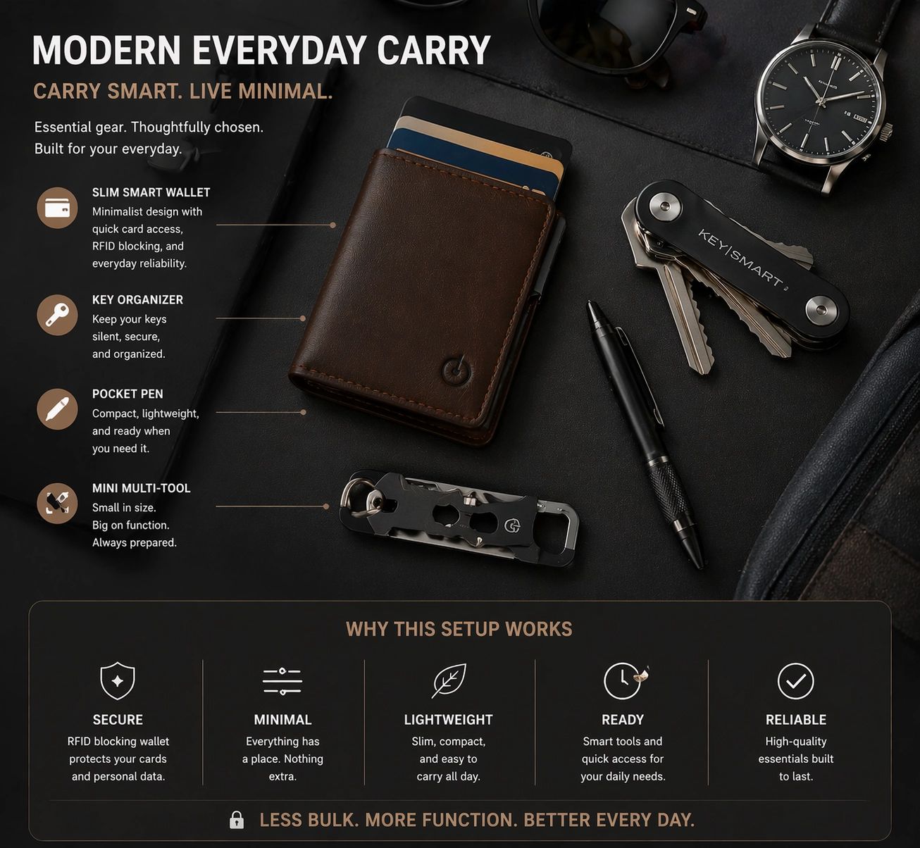 Modern everyday carry setup featuring a slim smart wallet with minimalist accessories