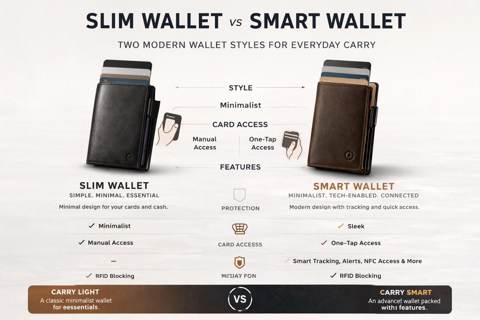 Slim wallet vs smart wallet comparison showing two modern wallet styles for everyday carry.