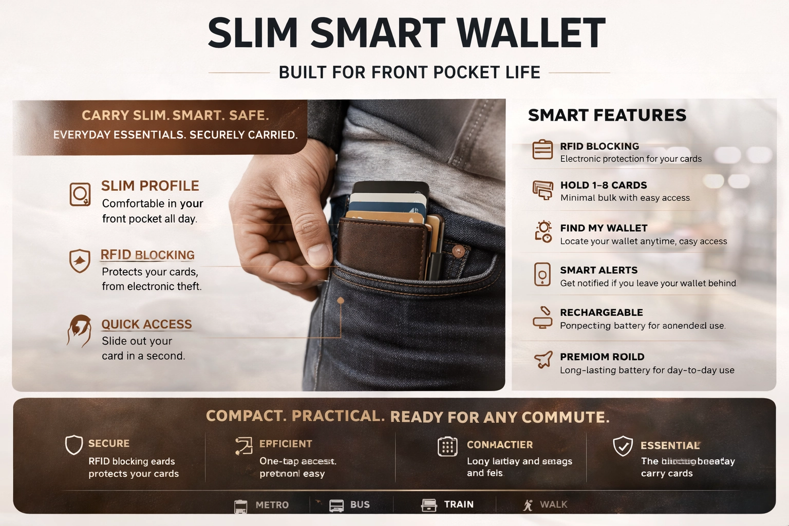 Slim smart wallet used for front pocket everyday carry while commuting.