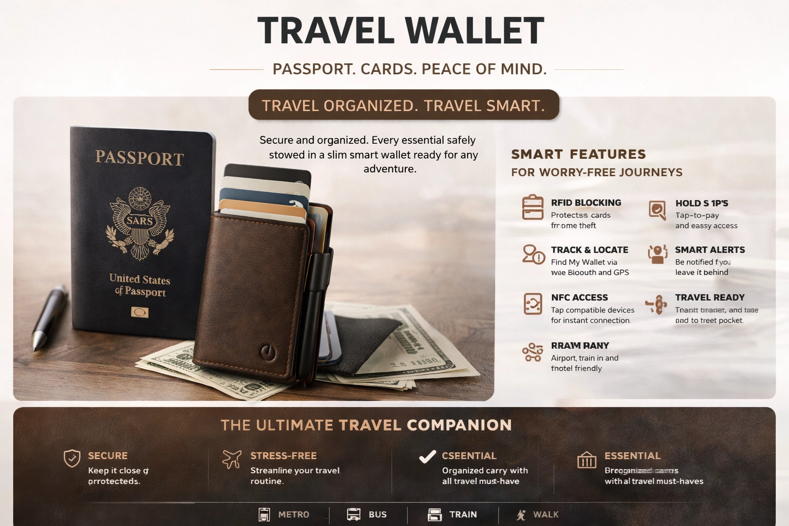 Travel wallet setup with passport, cards, and a slim wallet for organized carry.