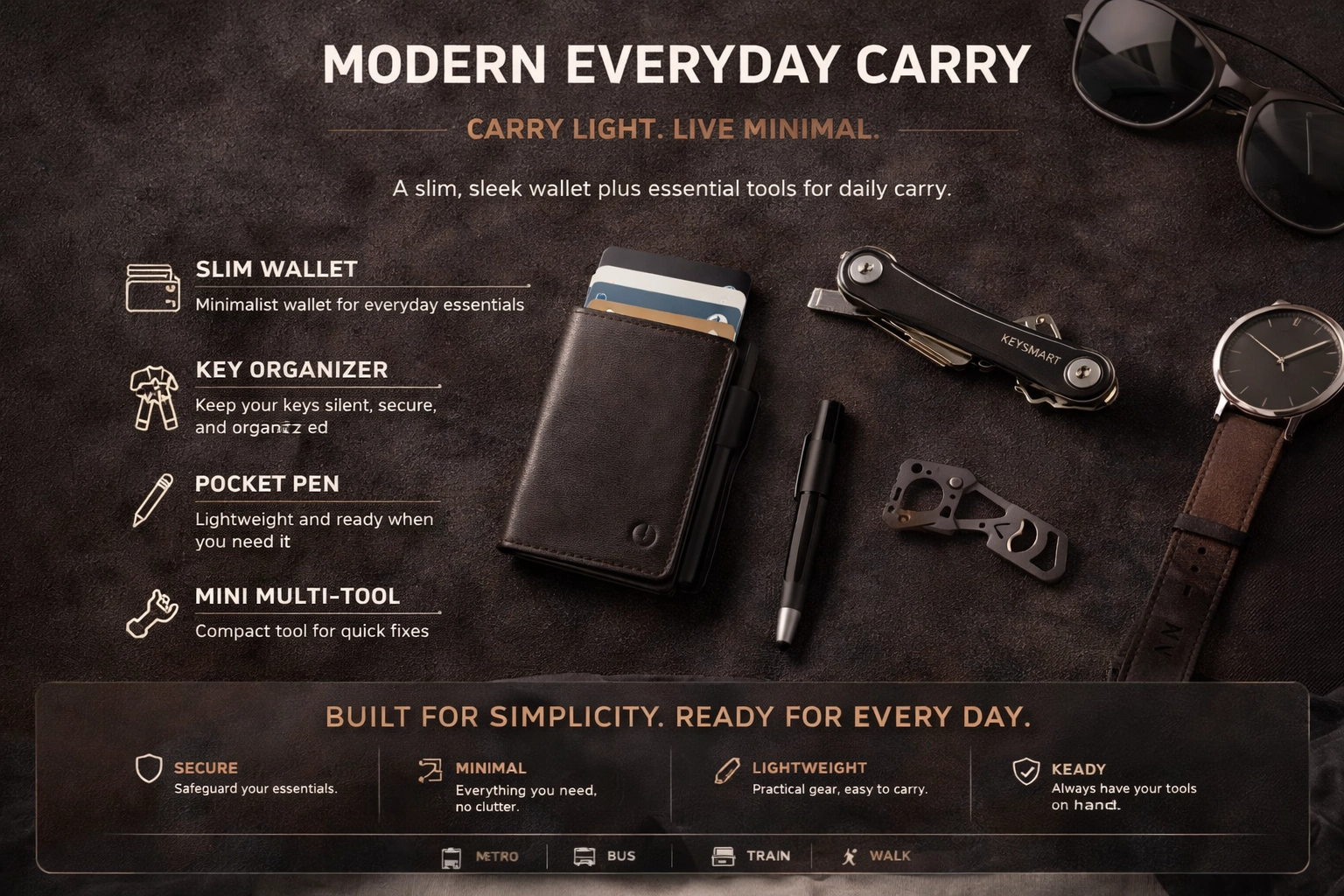 Modern everyday carry setup featuring a slim wallet and minimalist accessories
