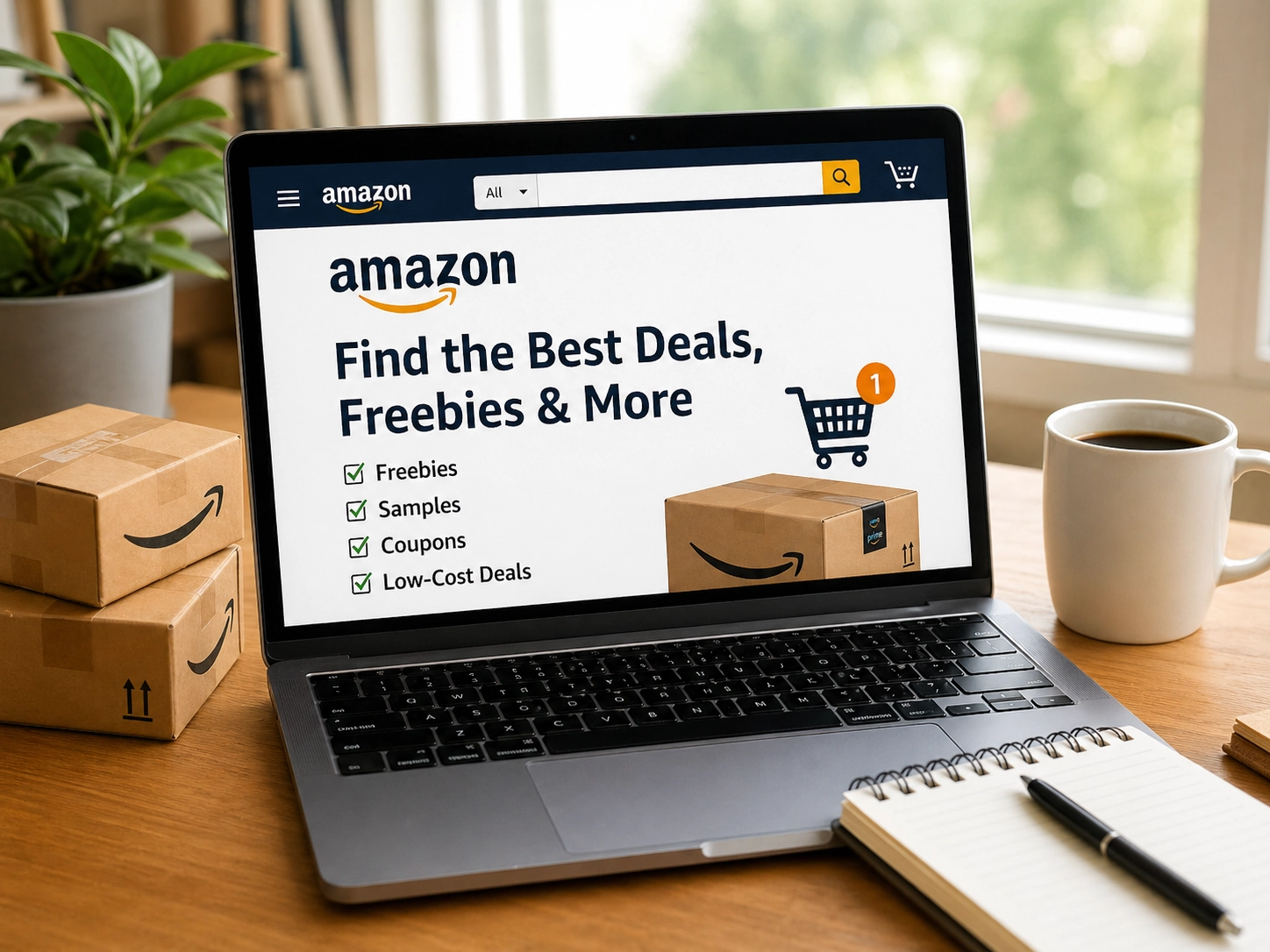 Online shopping setup with laptop, notebook, and package for finding Amazon deals and freebies