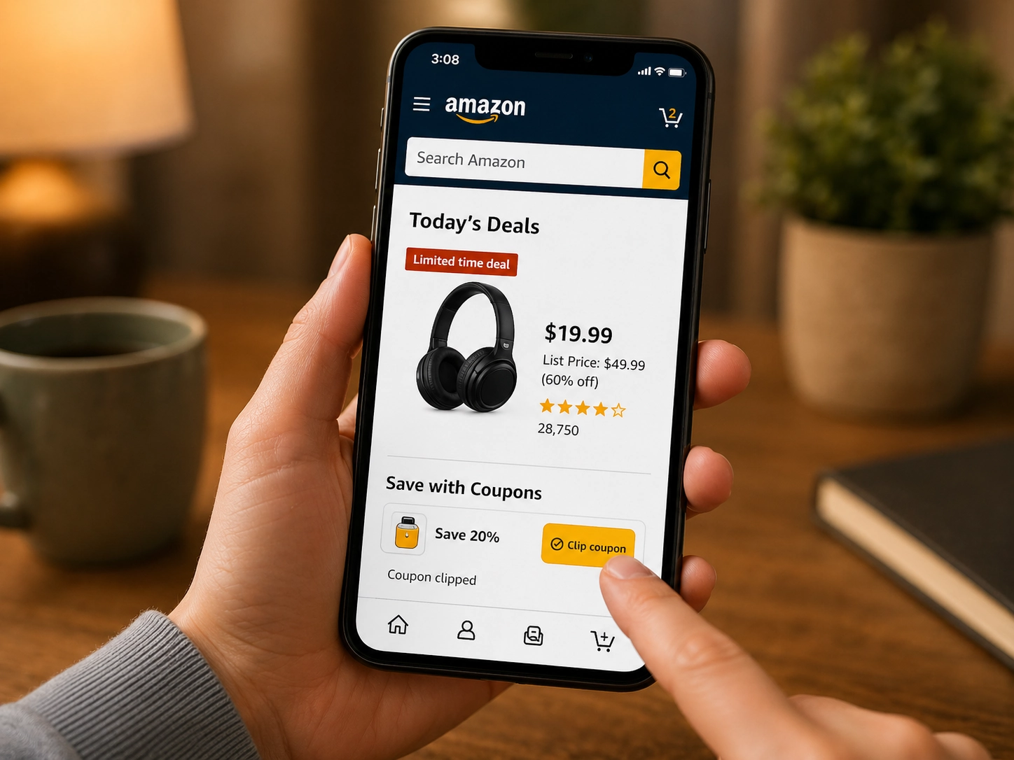 Amazon-style shopping screen with coupon savings and discount tags for practical online shopping