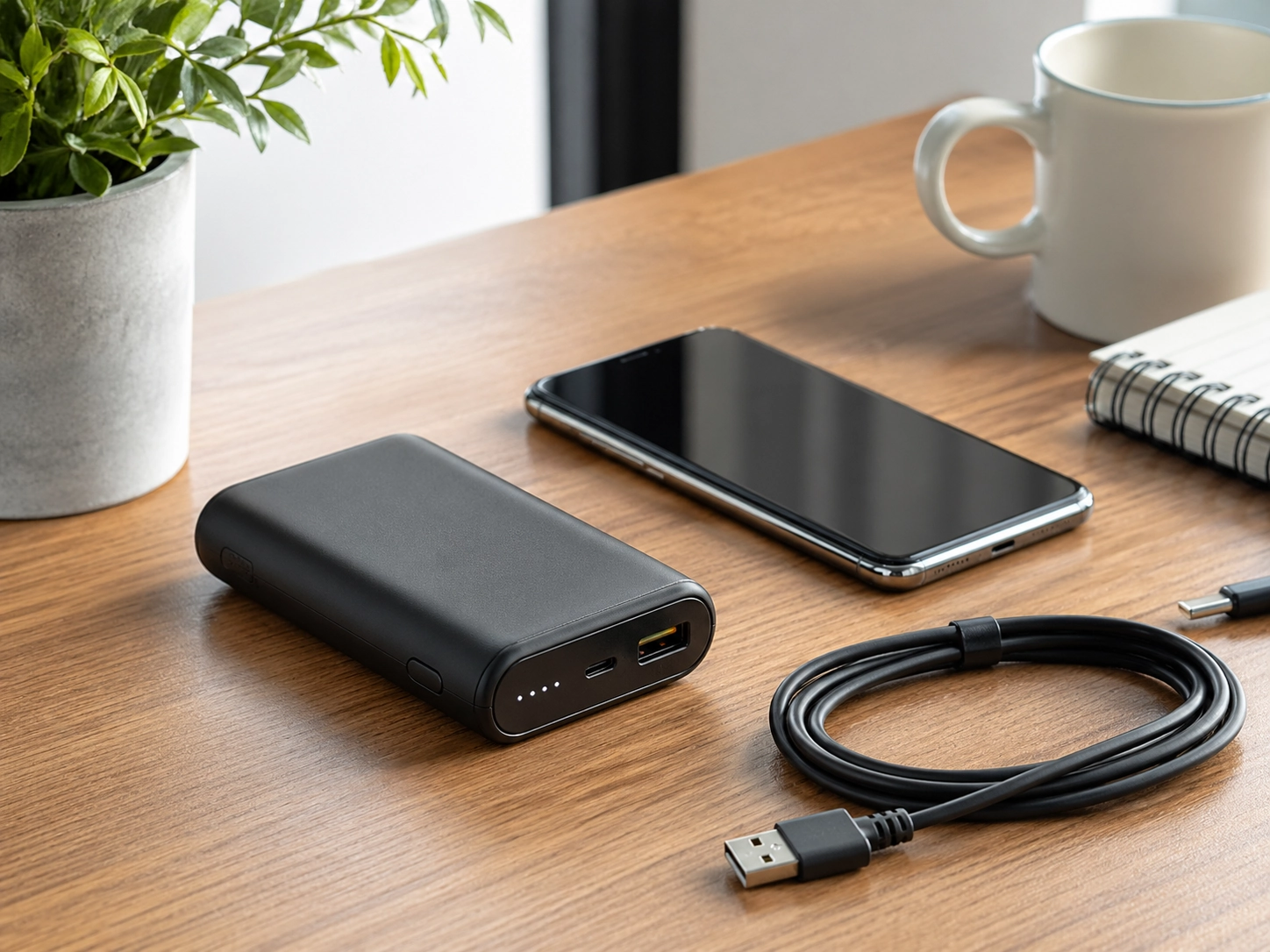 MoveSpeed-style portable charger, phone, and cable arranged neatly on a desk for everyday charging use.