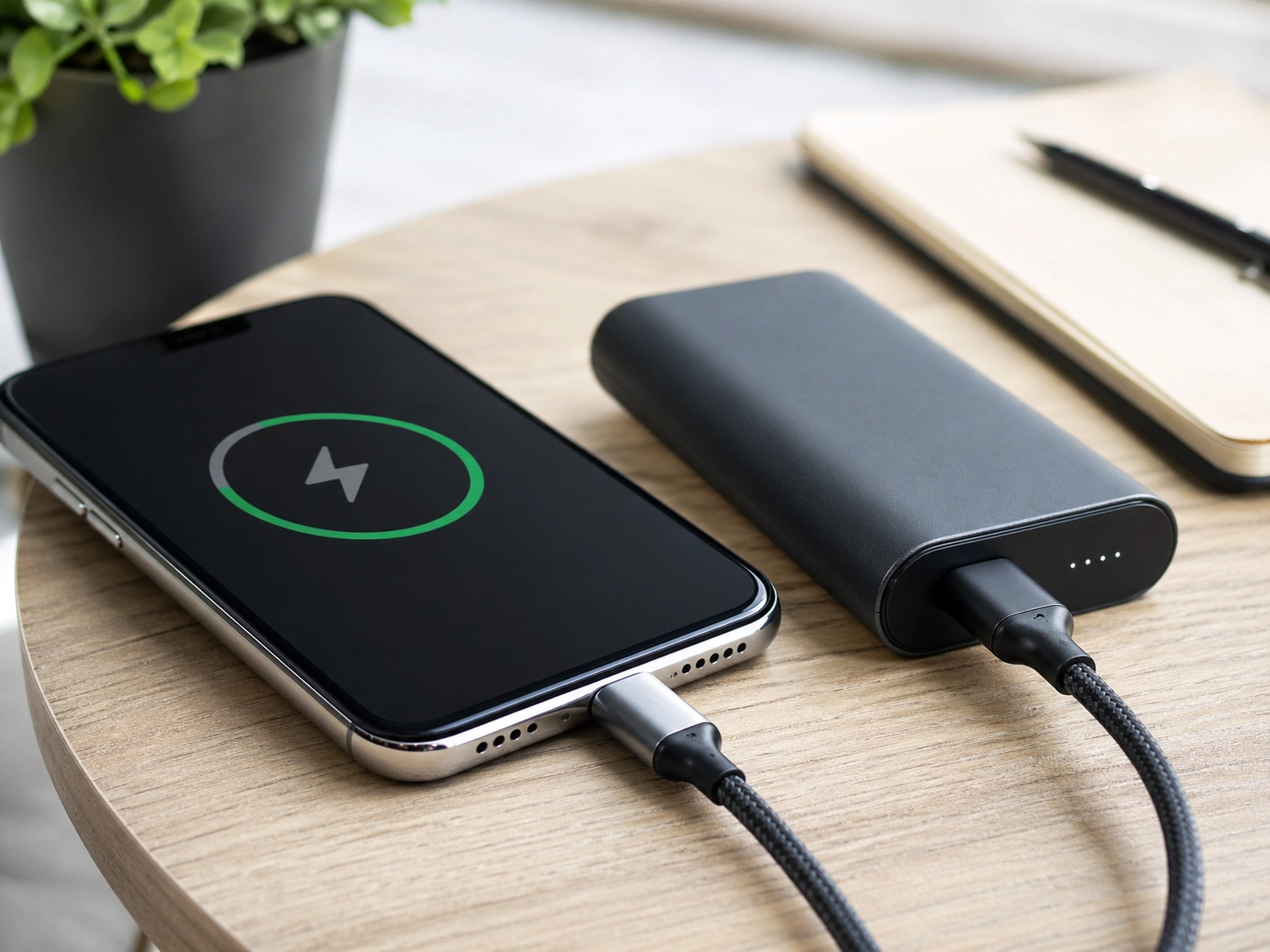 Portable charger connected to a phone in a calm workspace for everyday backup charging.