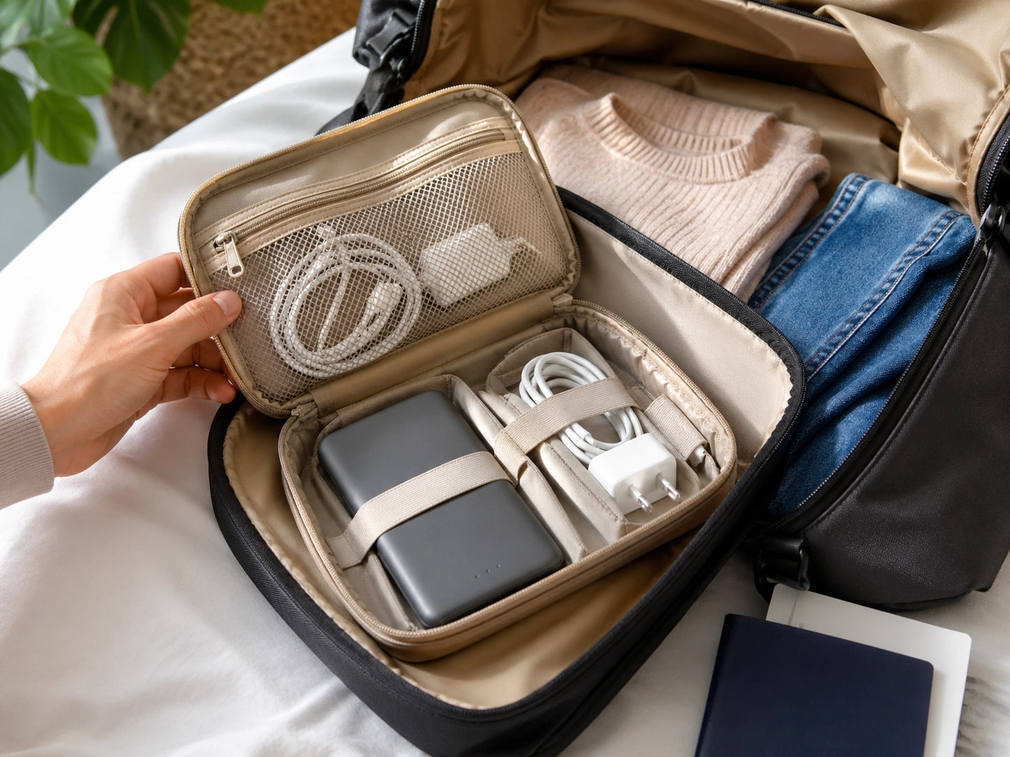 Portable charger and charging accessories packed neatly in an organized travel pouch.