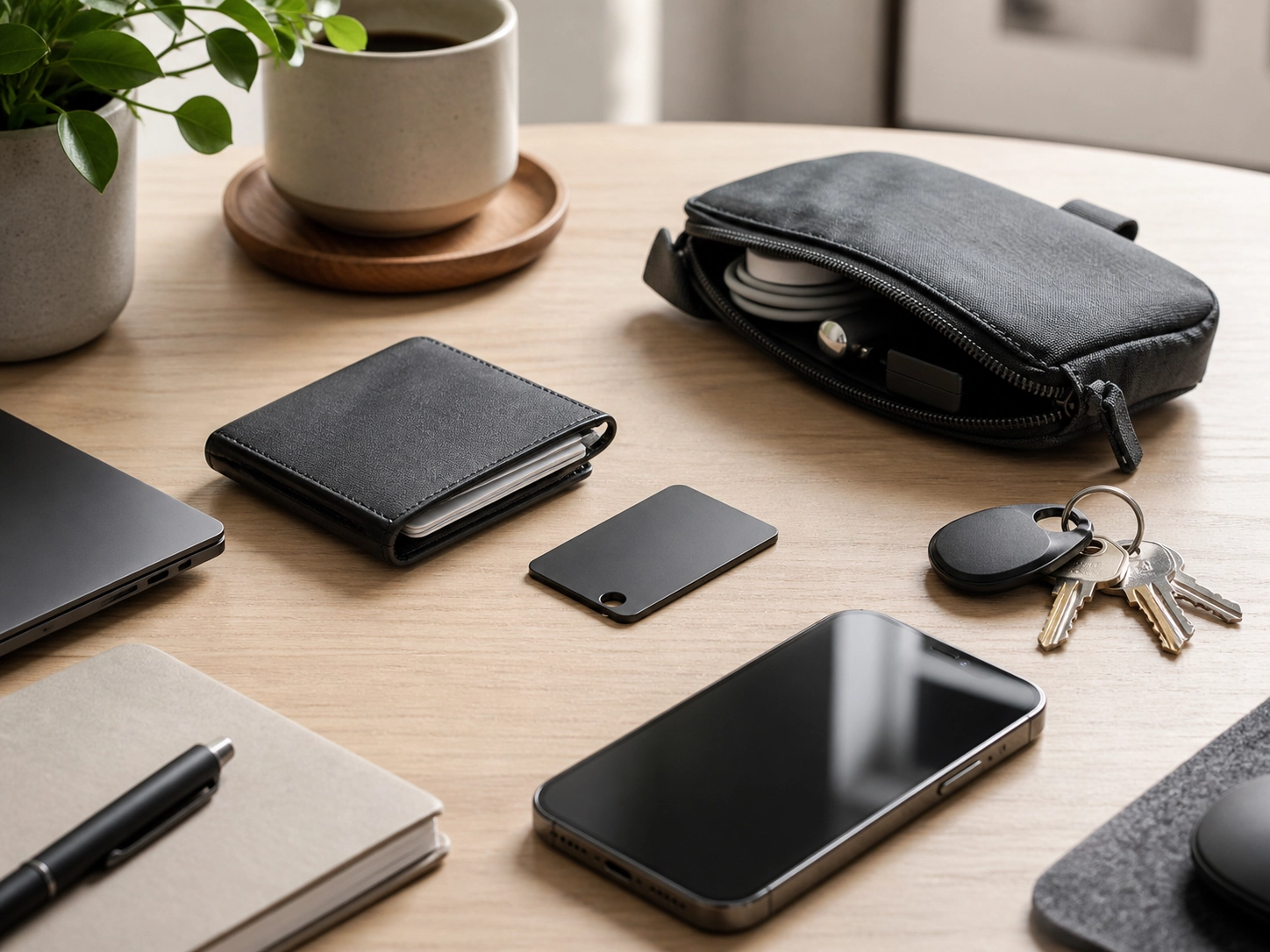 Smart tracker, wallet, keys, and phone arranged neatly in an everyday carry setup.