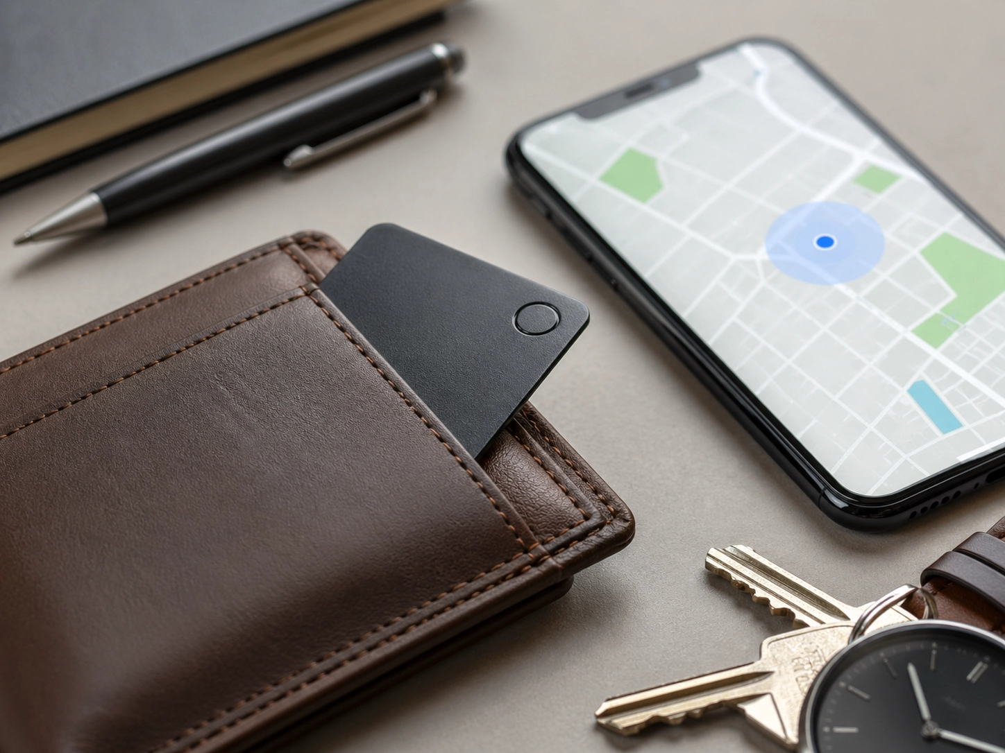 Flat lay of everyday carry essentials with a slim smart tracker card, keys, and phone.