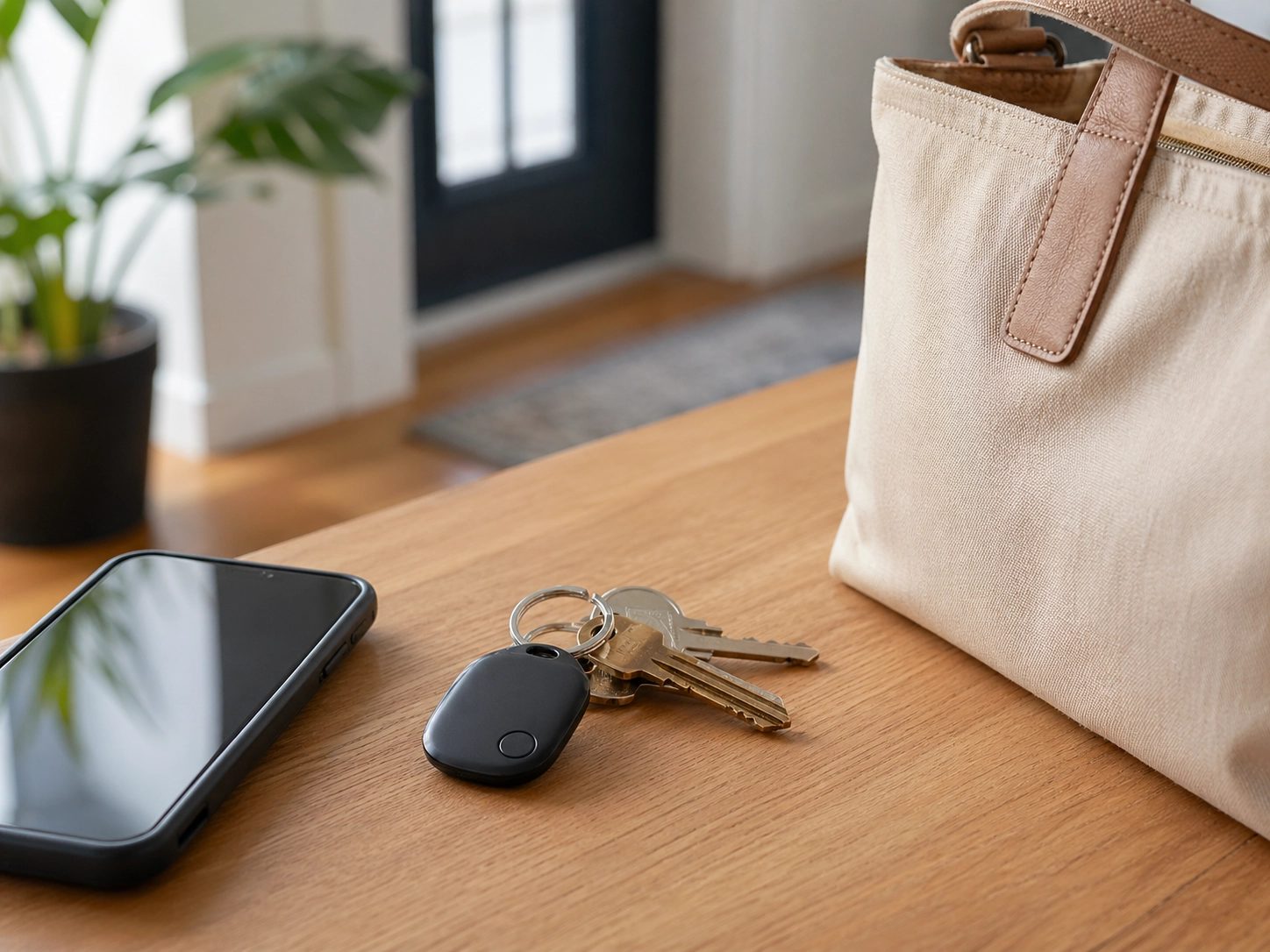 Key tracker attached to keys beside a phone and tote bag in a home entryway setting.