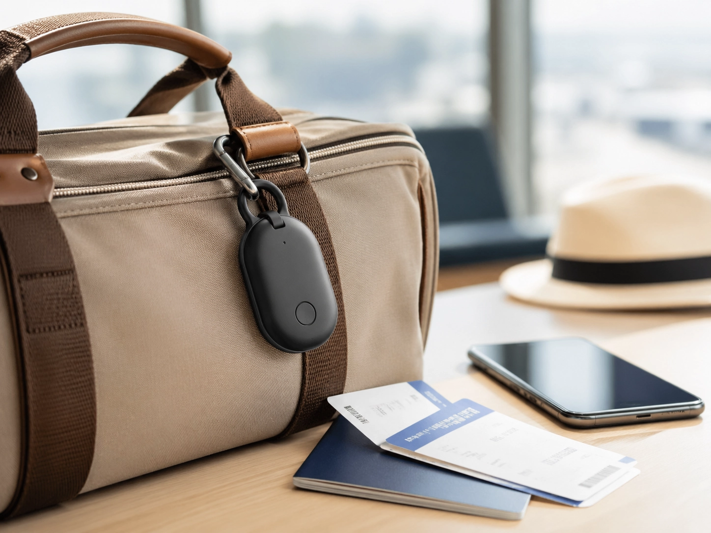Bag tracker attached to a travel bag with phone, passport, and boarding pass nearby.