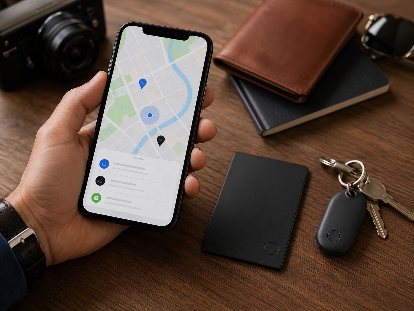 Smartphone showing a tracking map beside a wallet tracker card and key finder.