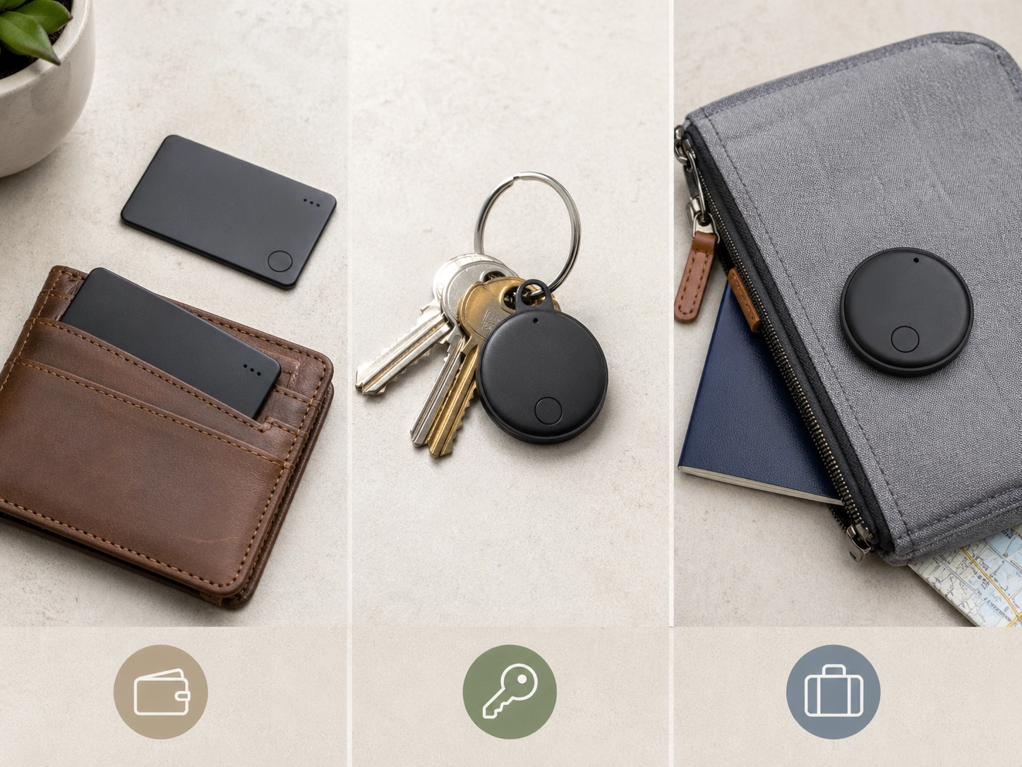 Comparison-style image showing wallet tracker, key tracker, and bag tracker for different use cases.