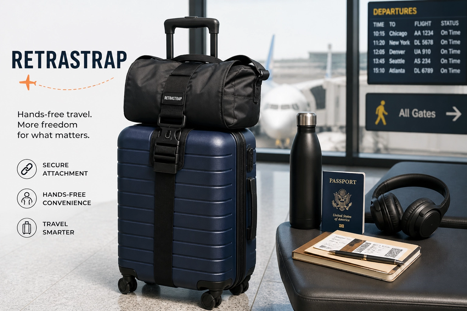 Carry-on luggage with a hands-free strap setup beside travel essentials for airport travel.