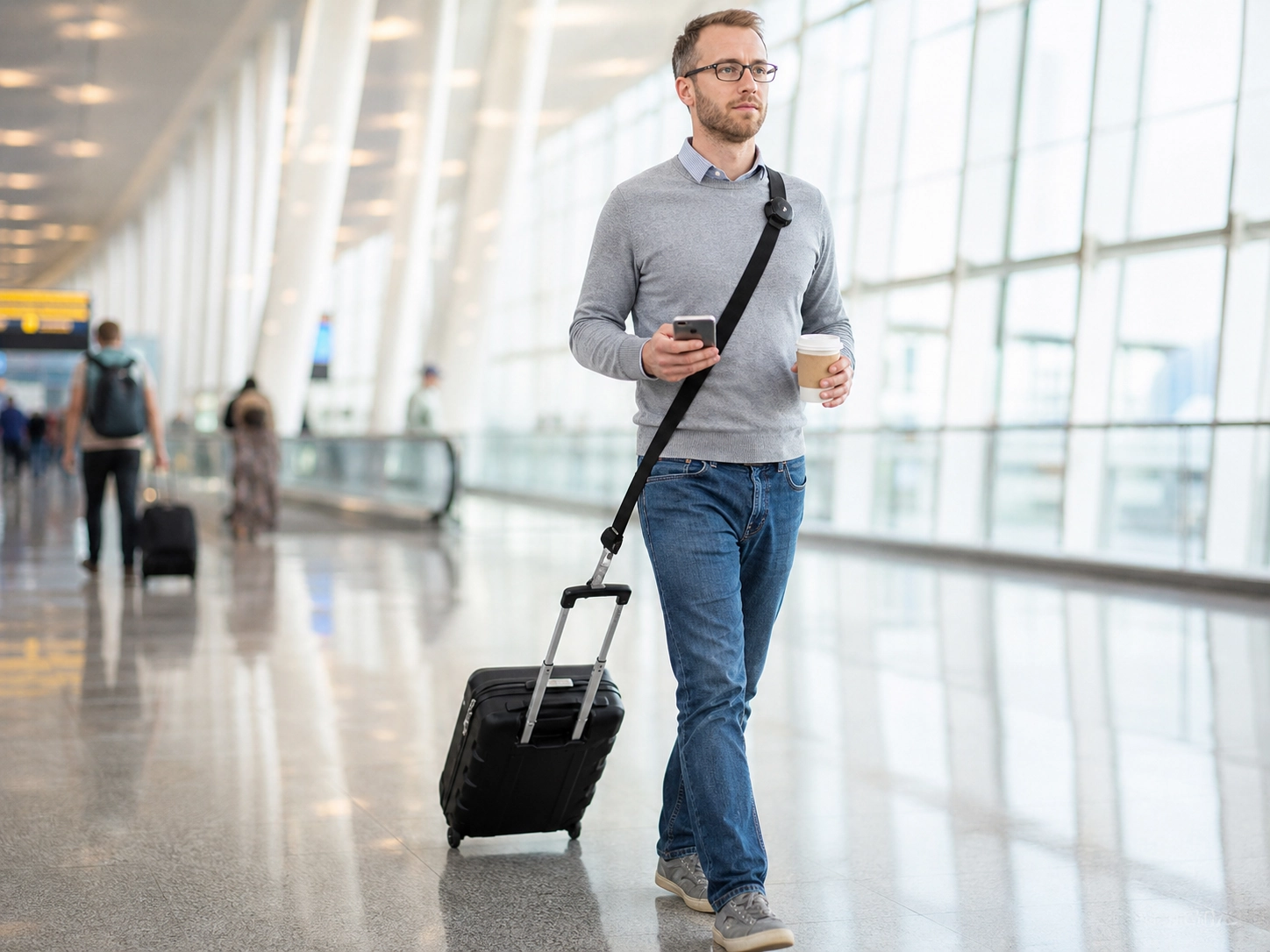Traveler walking hands-free through an airport with carry-on luggage attached to a shoulder strap.