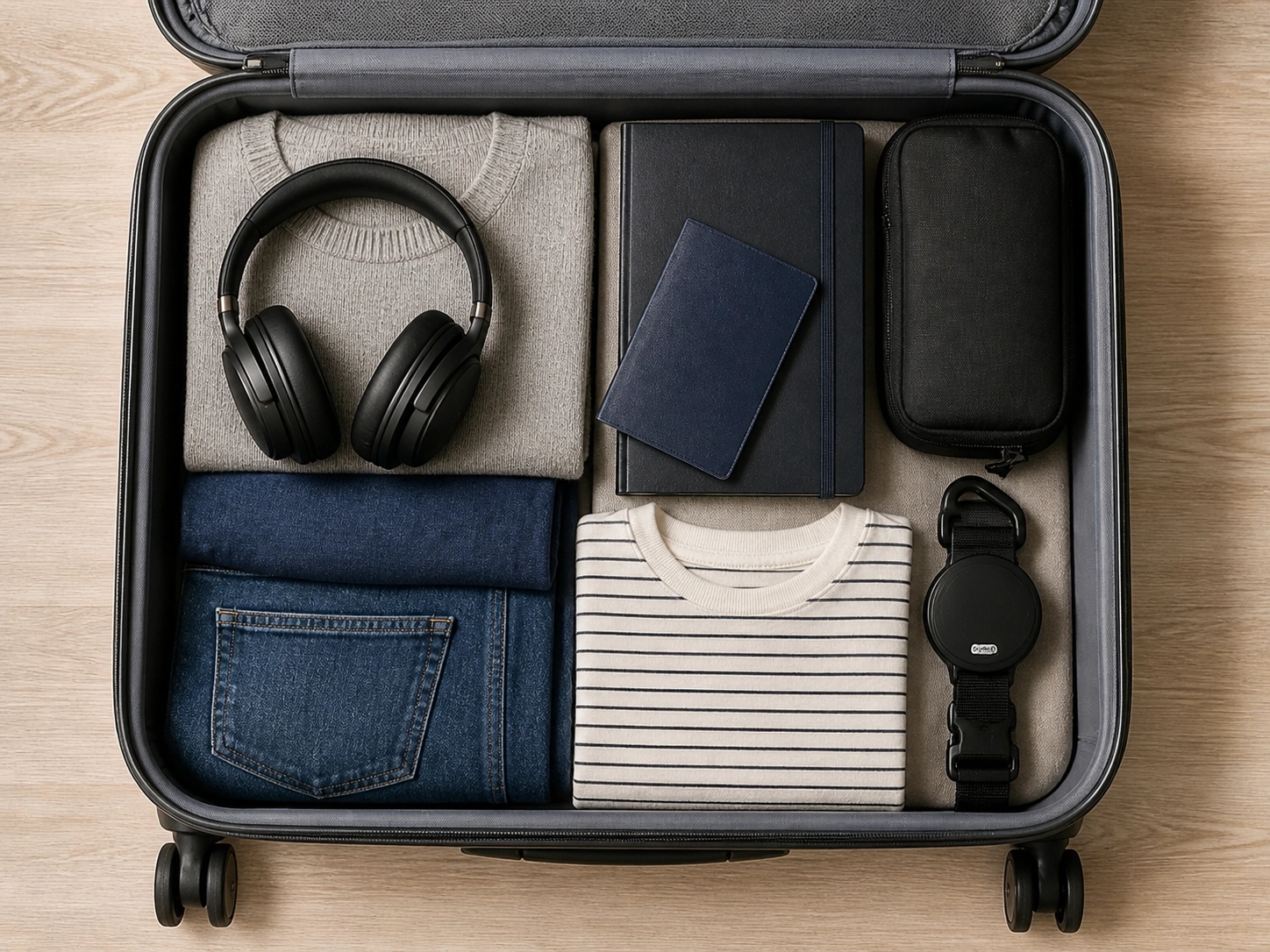 Packed carry-on suitcase with a hands-free luggage strap stored alongside travel essentials.