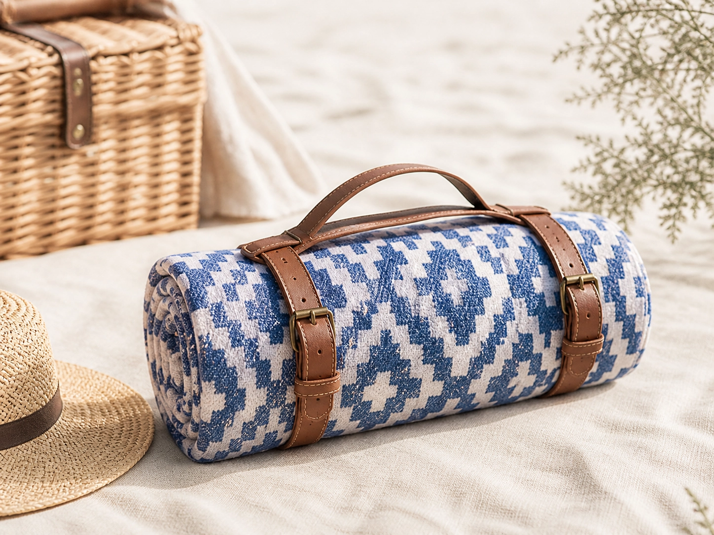 Rolled Komorebi-style picnic blanket with leather carrier beside a picnic basket.