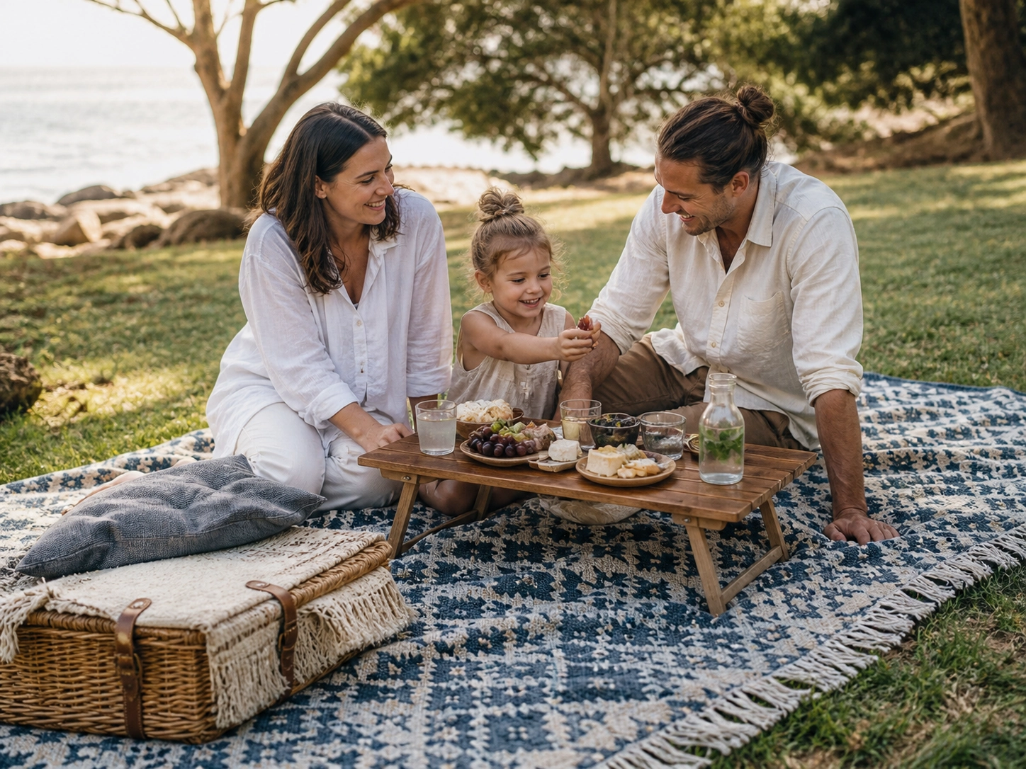 Family enjoying a relaxed picnic on a comfortable outdoor blanket with a low picnic table.