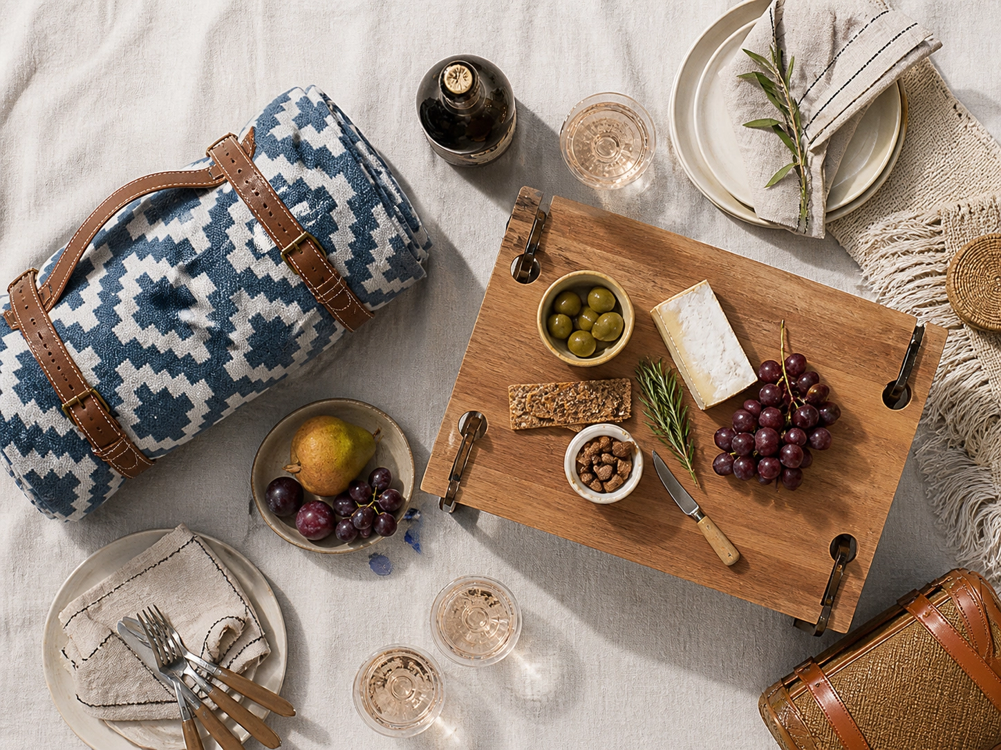 Picnic blanket, portable picnic table, and outdoor serving accessories arranged in a styled flat lay.