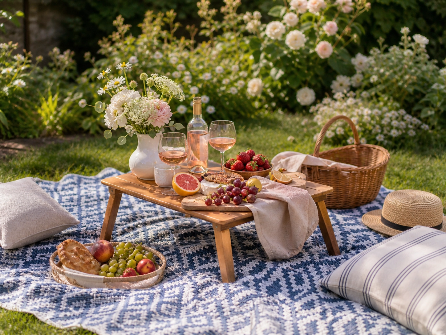 Elegant garden picnic setup with blanket, low table, flowers, and outdoor refreshments.