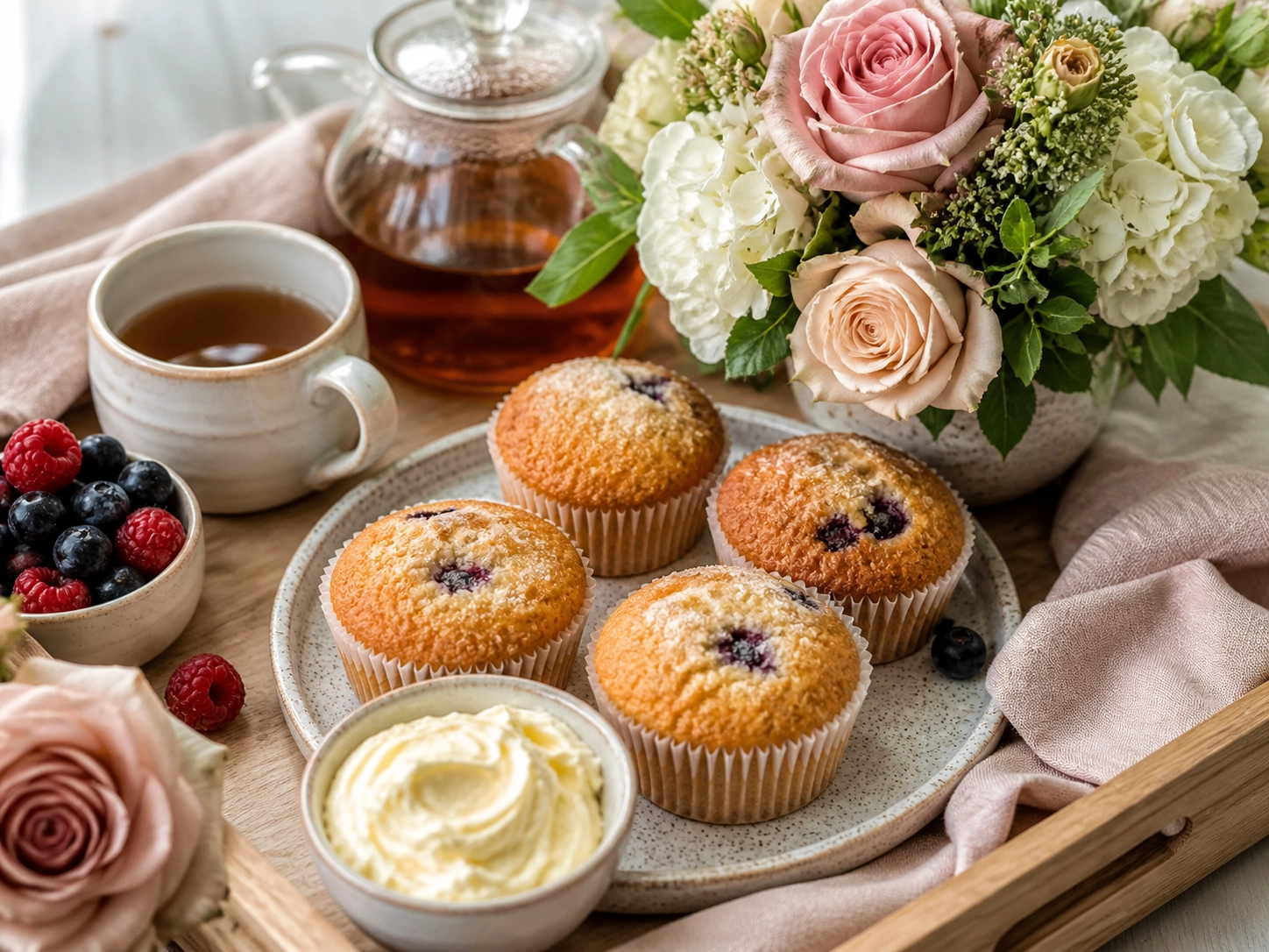 Mother’s Day dessert table with loaf cake, muffins, cookies, frosting, flowers, tea, and a gift box
