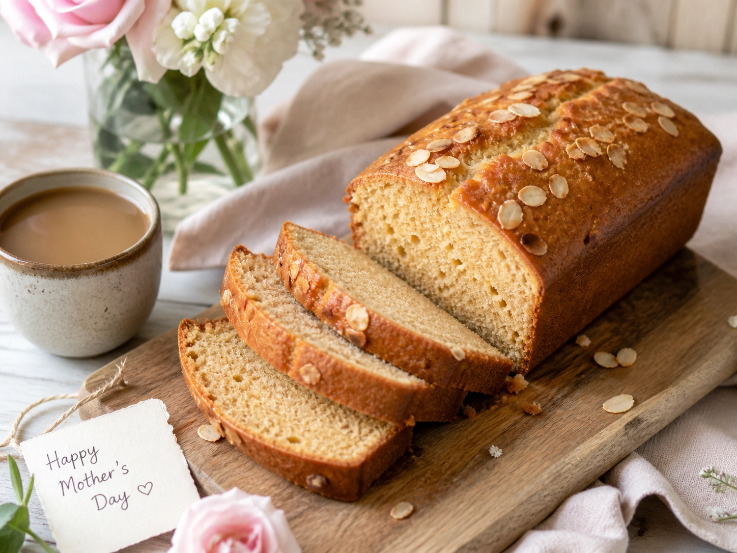 Sliced loaf cake served with coffee, flowers, and a handwritten Mother’s Day note