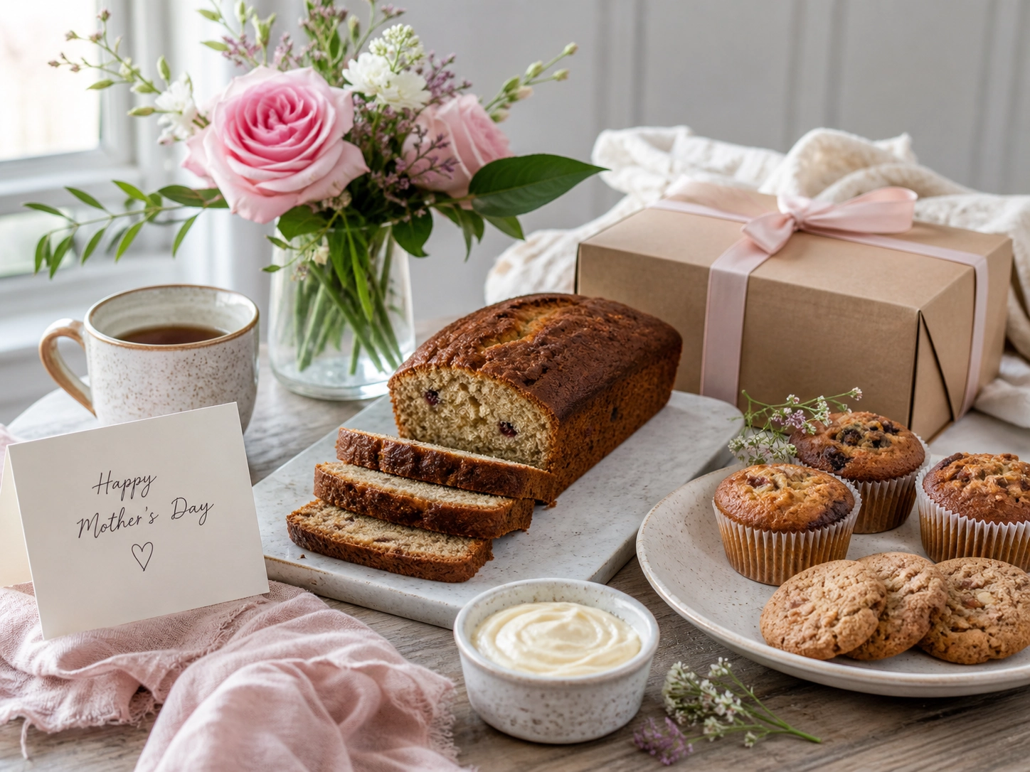 Mother’s Day brunch tray with muffins, frosting, tea, berries, and flowers