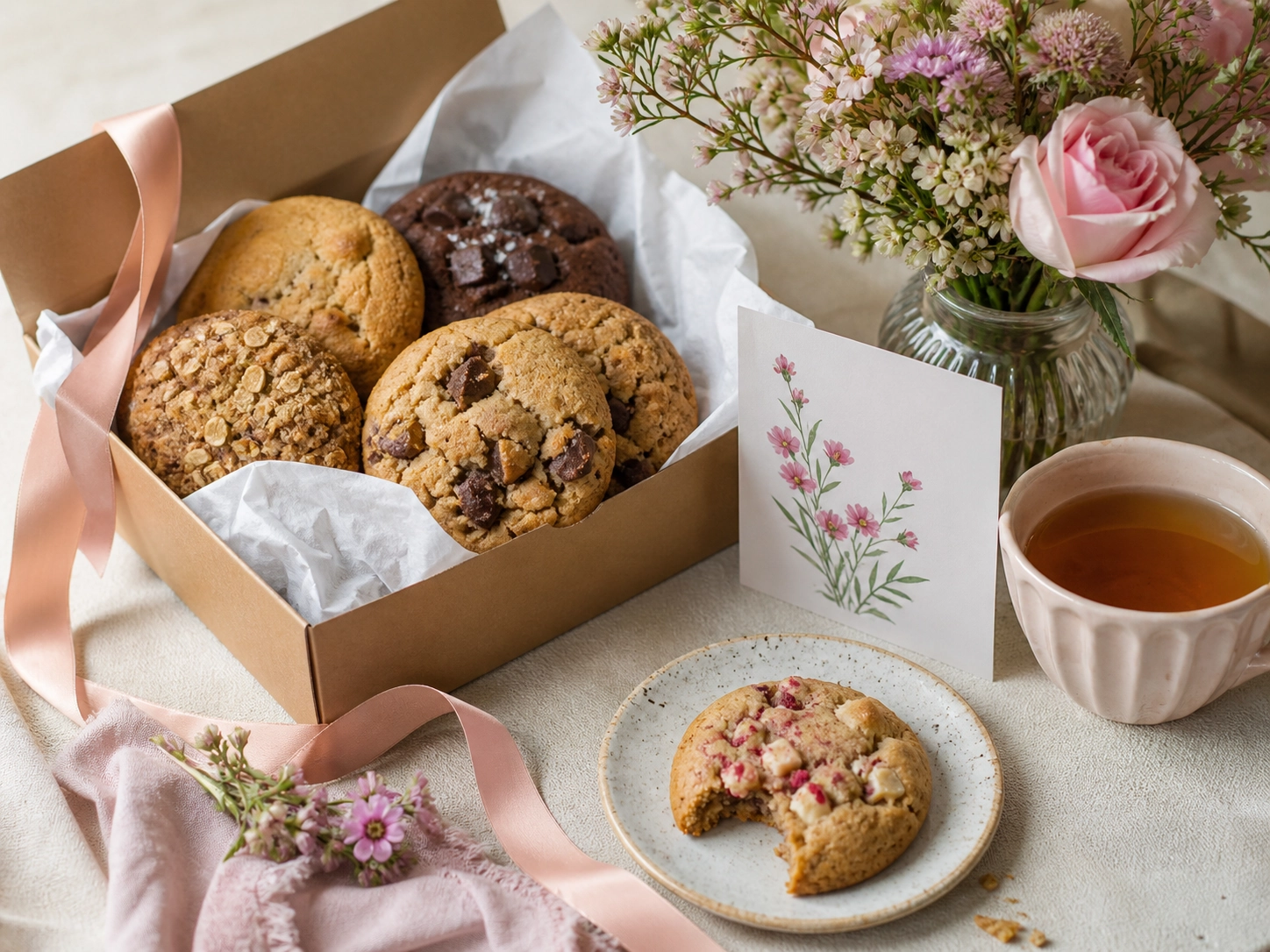 Cookies in a kraft gift box with tea, flowers, ribbon, and a Mother’s Day card.