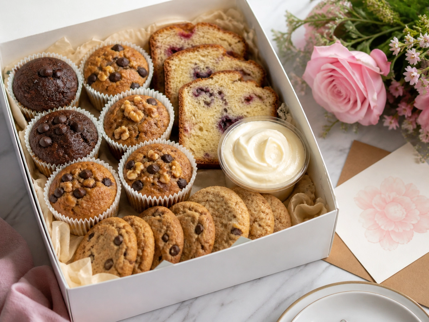 Mother’s Day treat box with muffins, loaf cake slices, cookies, frosting, flowers, and a card.