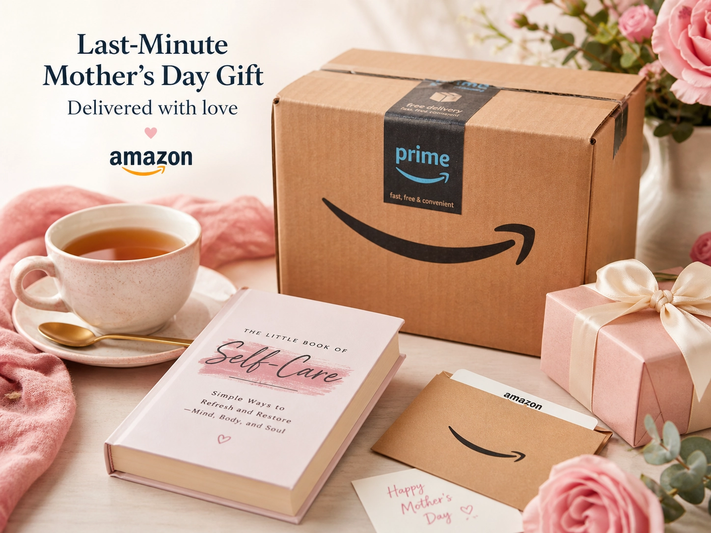 Last-minute Mother’s Day gift setup with Amazon delivery box, flowers, tea, wrapped gift, and card.