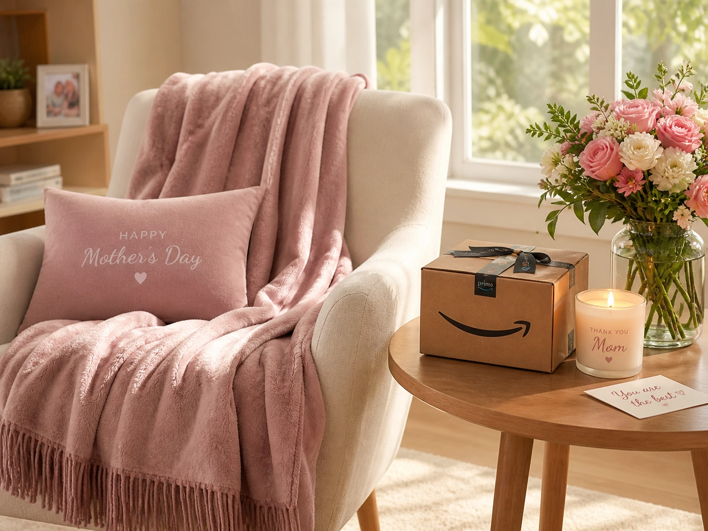 Cozy Mother’s Day home gift setup with Amazon box, blanket, flowers, candle, and card.