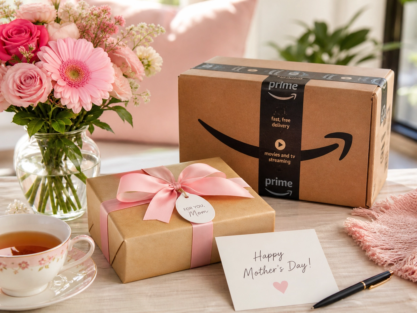 Mother’s Day quiet-time gift with Amazon package, book, tea, flowers, and small card.