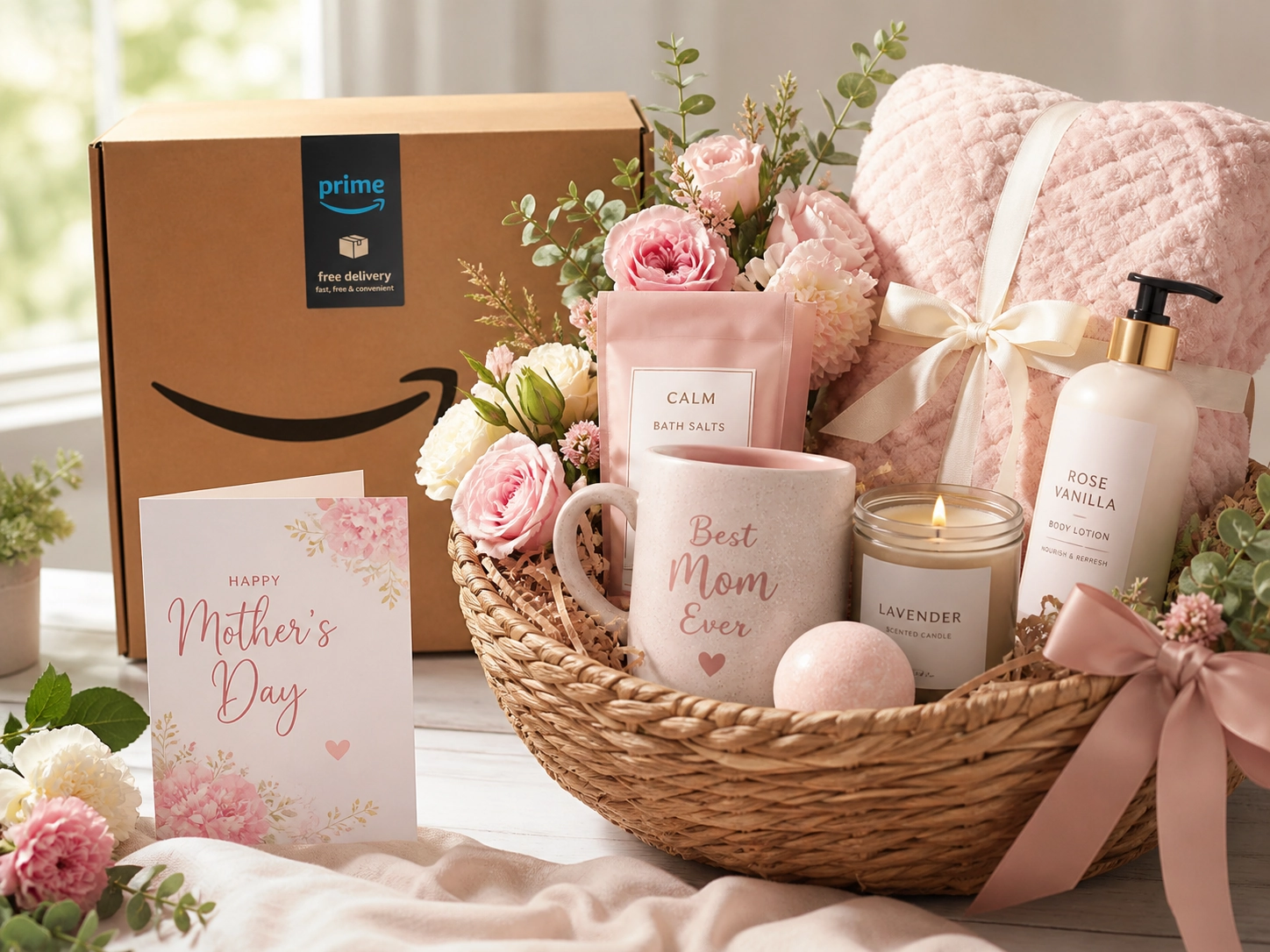 Mother’s Day self-care gift basket with Amazon delivery box, mug, candle, bath salts, flowers, and blanket.