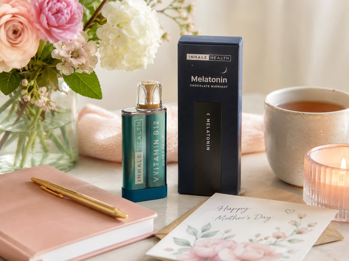 Mother’s Day wellness gift setup with flowers, tea, journal, card, and Inhale Health-style wellness inhalers.