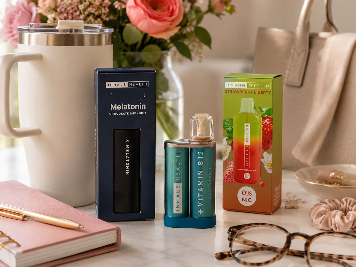 Desk wellness setup with planner, tumbler, flowers, and Inhale Health-style wellness inhalers for a busy day.