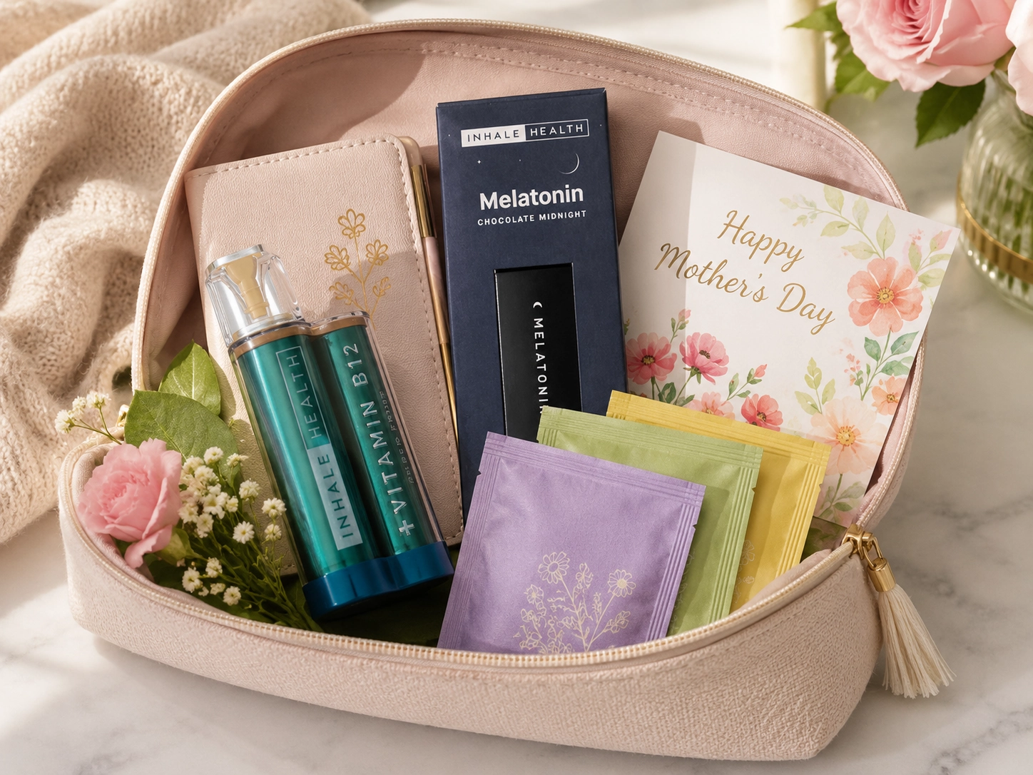 Compact Mother’s Day wellness pouch with flowers, tea packets, card, journal, and Inhale Health-style inhaler.