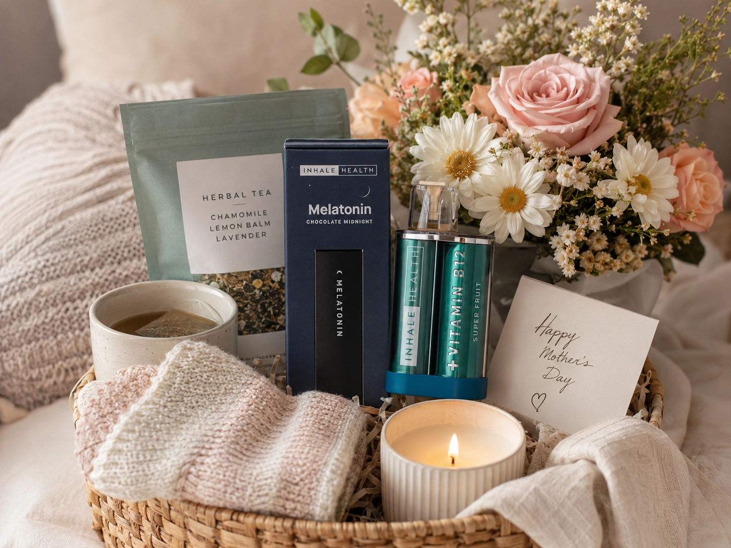 Mother’s Day self-care gift basket with herbal tea, candle, flowers, cozy socks, and wellness inhalers.