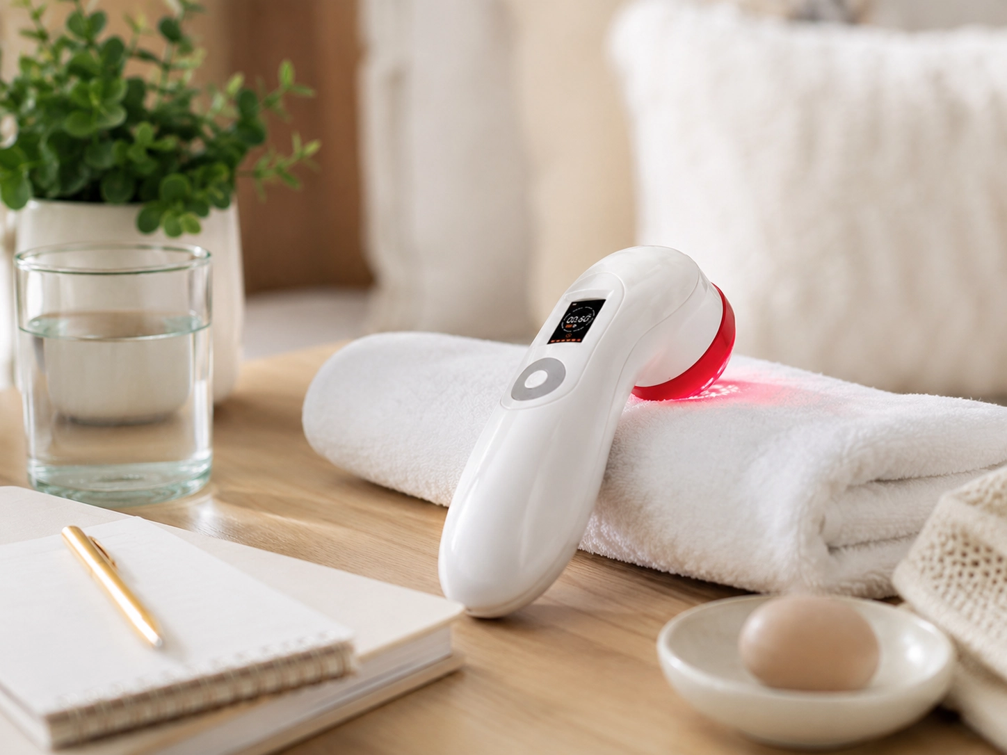 At-home cold laser therapy device arranged with wellness accessories for a recovery routine.