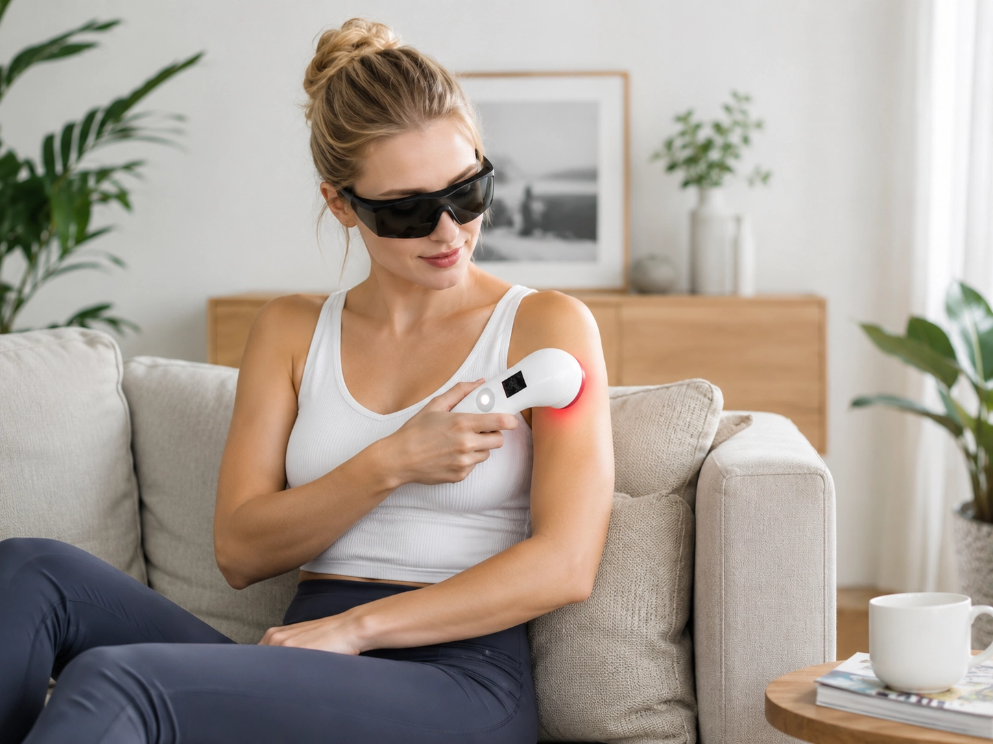 Person using a cold laser therapy device at home as part of a comfort and mobility routine.