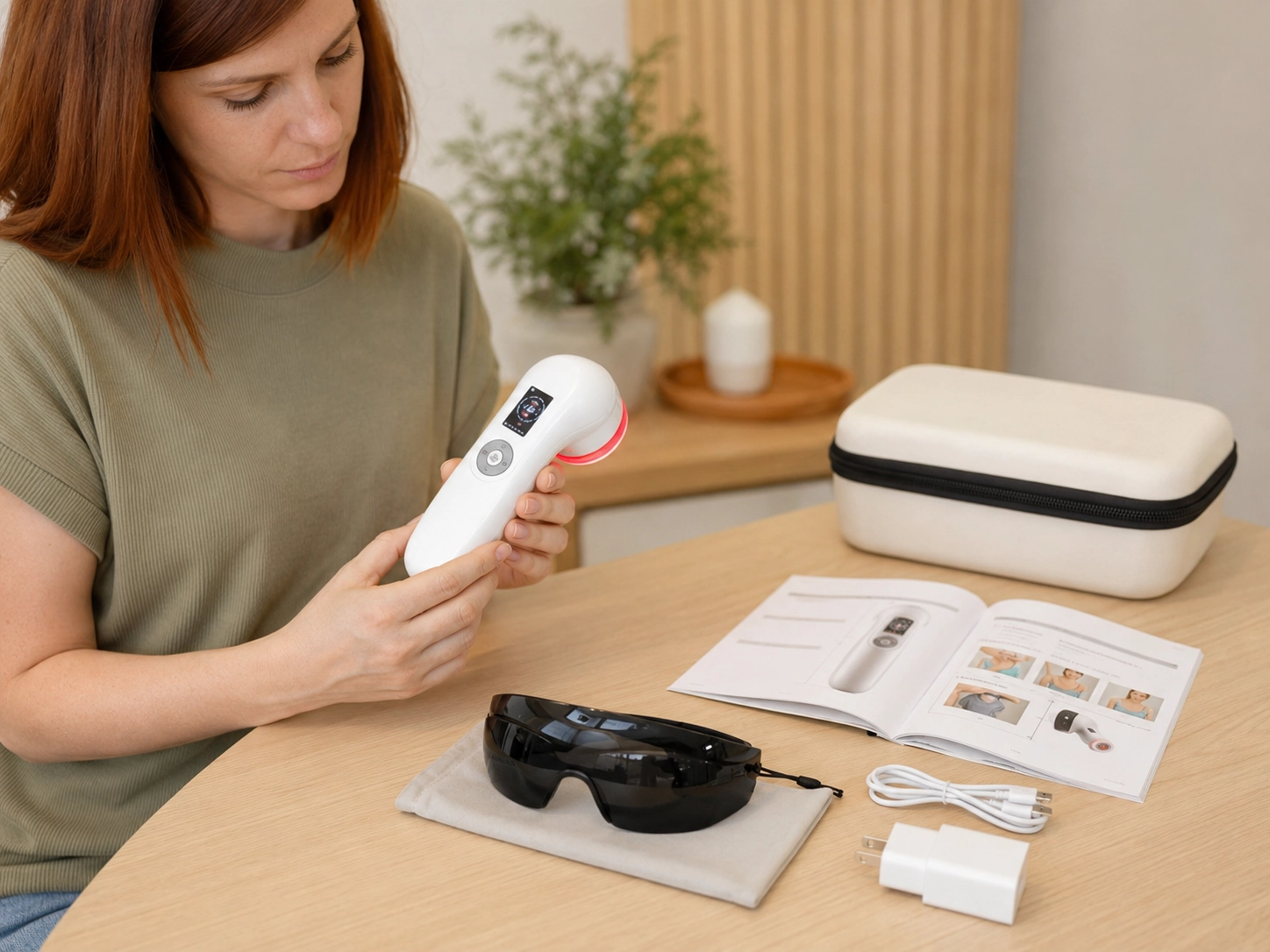 Cold laser therapy device with instruction manual, safety glasses, charger, and storage case for responsible home use.