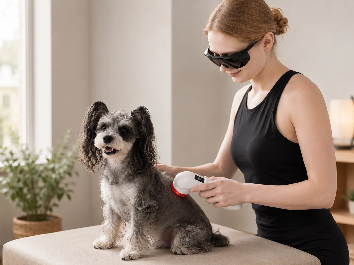 Pet owner using a cold laser therapy device near a dog in a calm home setting.