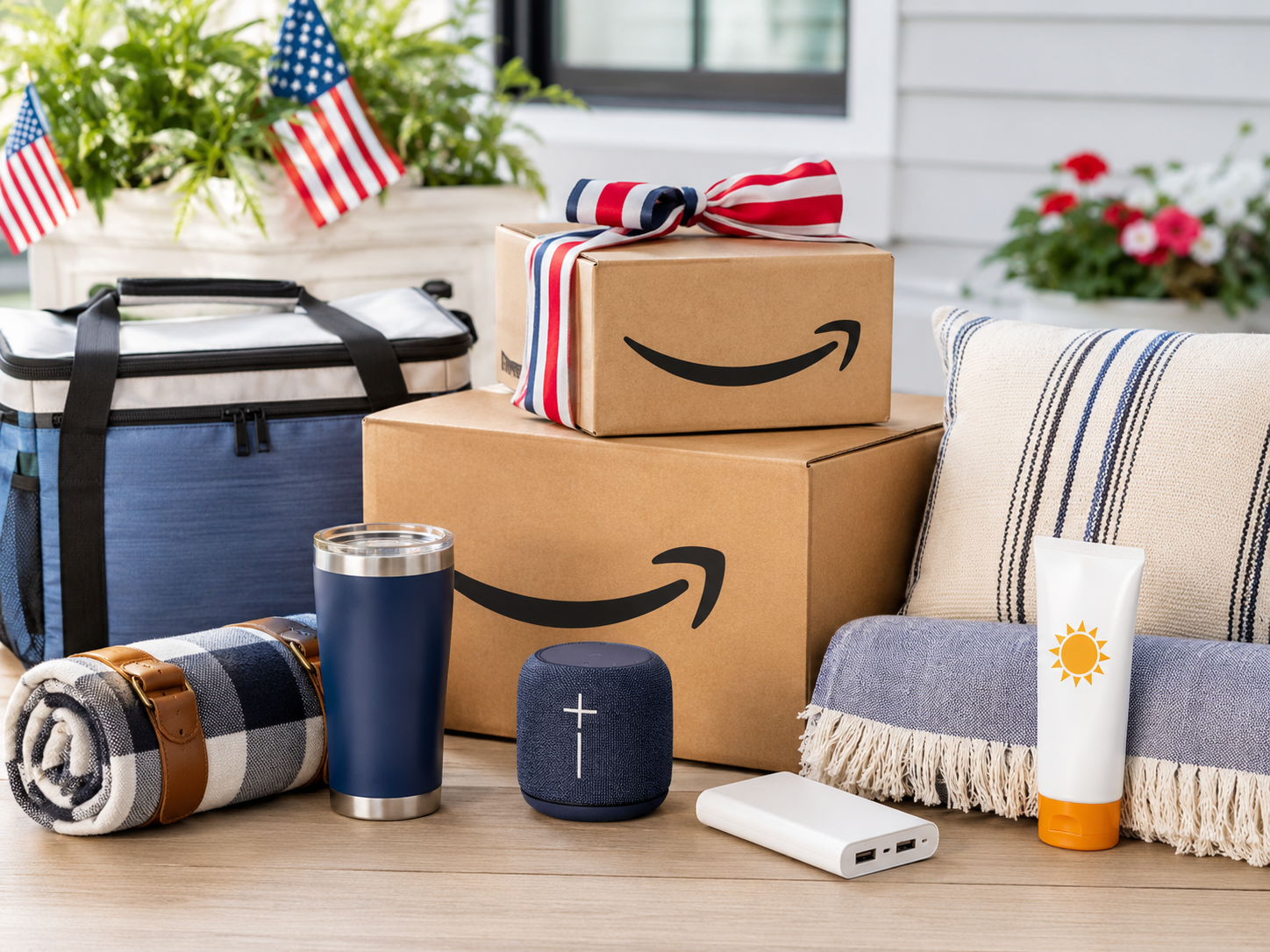 Amazon Memorial Day deals setup with delivery boxes, summer essentials, outdoor gear, tech accessories, and home products.