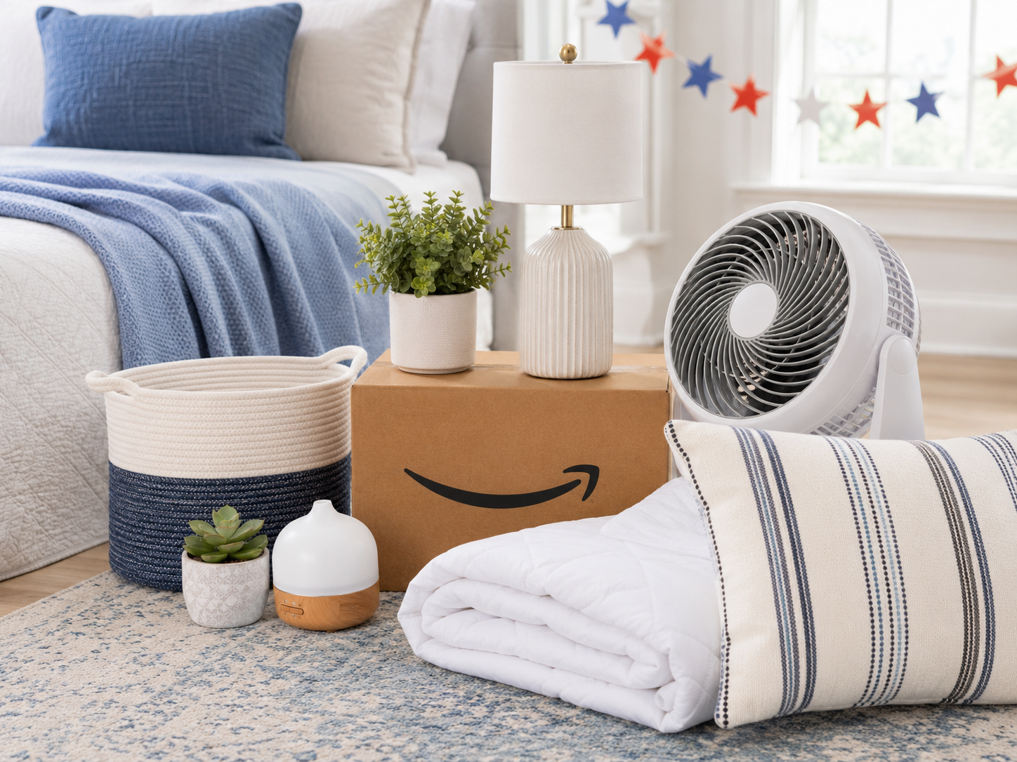 Memorial Day home refresh setup with bedding, fan, lamp, storage basket, pillow, and Amazon package.
