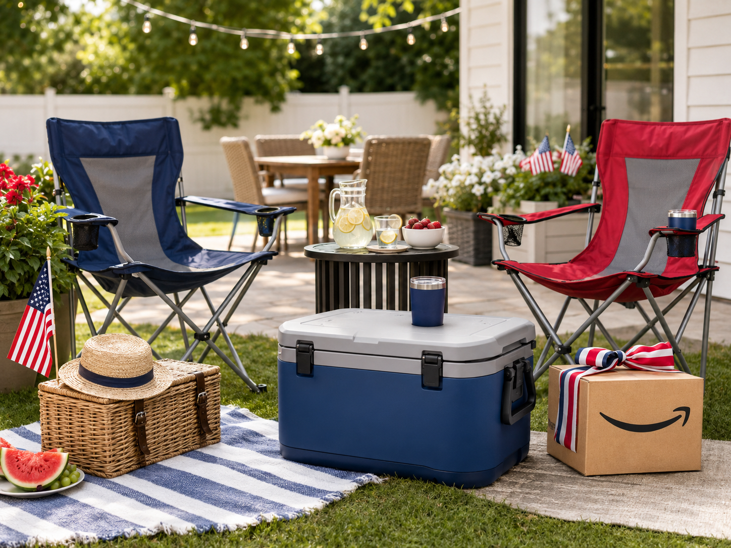 Backyard Memorial Day setup with patio chairs, cooler, picnic blanket, string lights, and Amazon package.