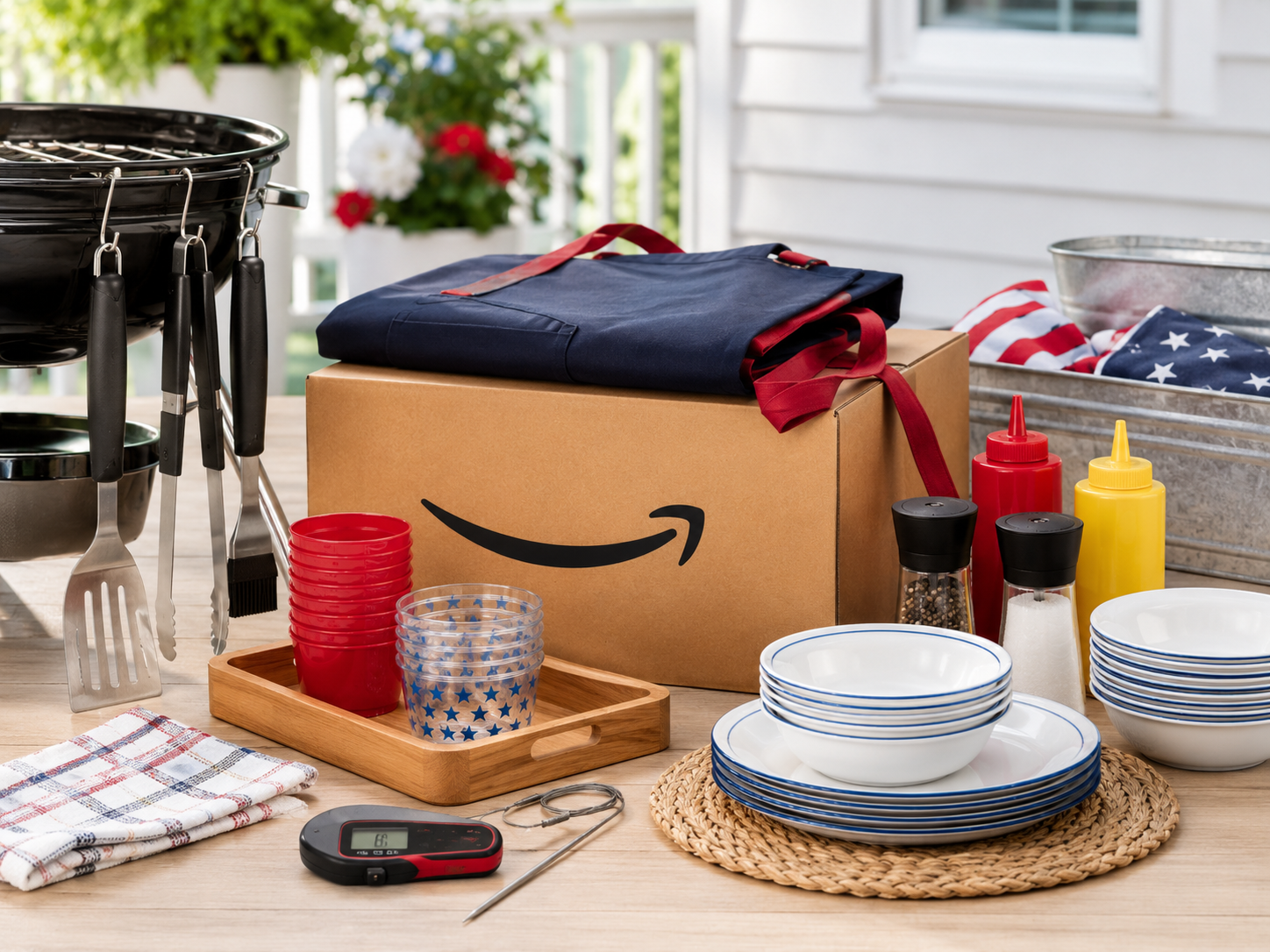 Memorial Day BBQ setup with grill tools, outdoor dinnerware, condiments, apron, and Amazon package.